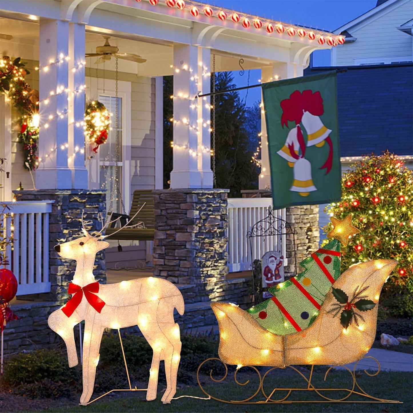 WATERGLIDE Christmas Decorations - 23 Inch Lighted Reindeer & Santa Sleigh | Pre-Lit Outdoor Yard Decor