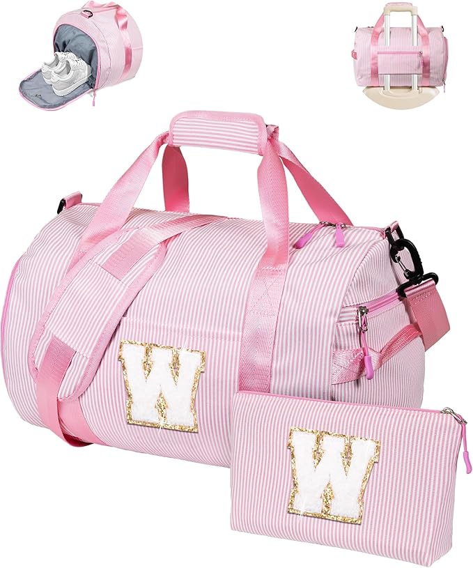 Ballet Gifts for Little Girls, Girl Gym Bag, Kids Initial Overnight Duffel Bags with Shoe Compartment, Personalized Travel Bag with Makeup Pouch, Gift Ideas for Niece Sister (Letter W)