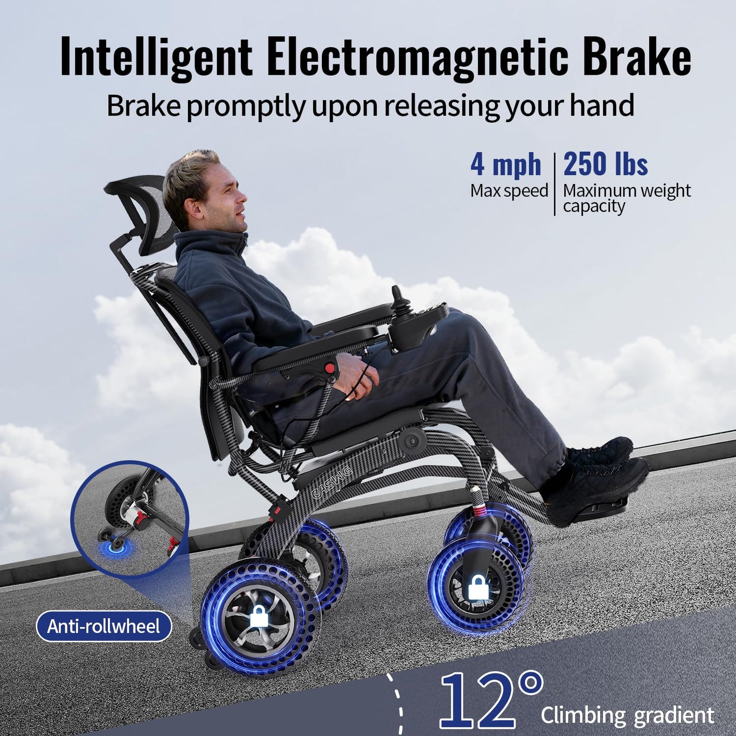 B10 Lightweight Electric Wheelchair for Adults Foldable with 90°-145° Back Adjustable, 15/30 Miles Portable Motorized Wheelchair with 400W Brushless Motors, Travel Powered Wheelchairs (Amp Hours, 12)