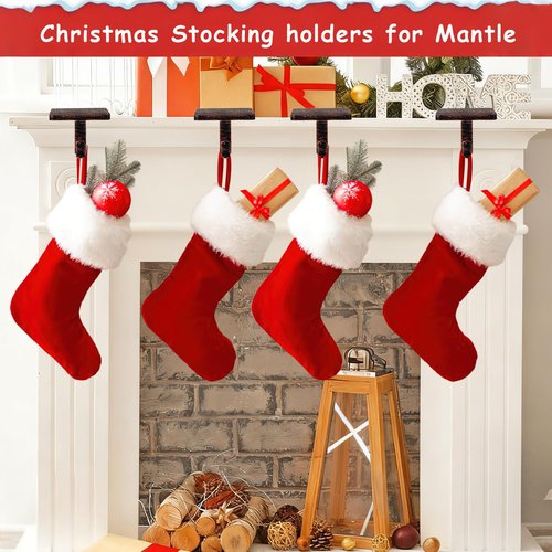 Christmas Stocking Holders for Mantle Set of 4, Mantle Stocking Hangers Hanging Hooks, Stocking Hanger Base, Stocking Holder Hooks for Fireplace Tabletop Shelf Christmas Decoration (Copper Red)