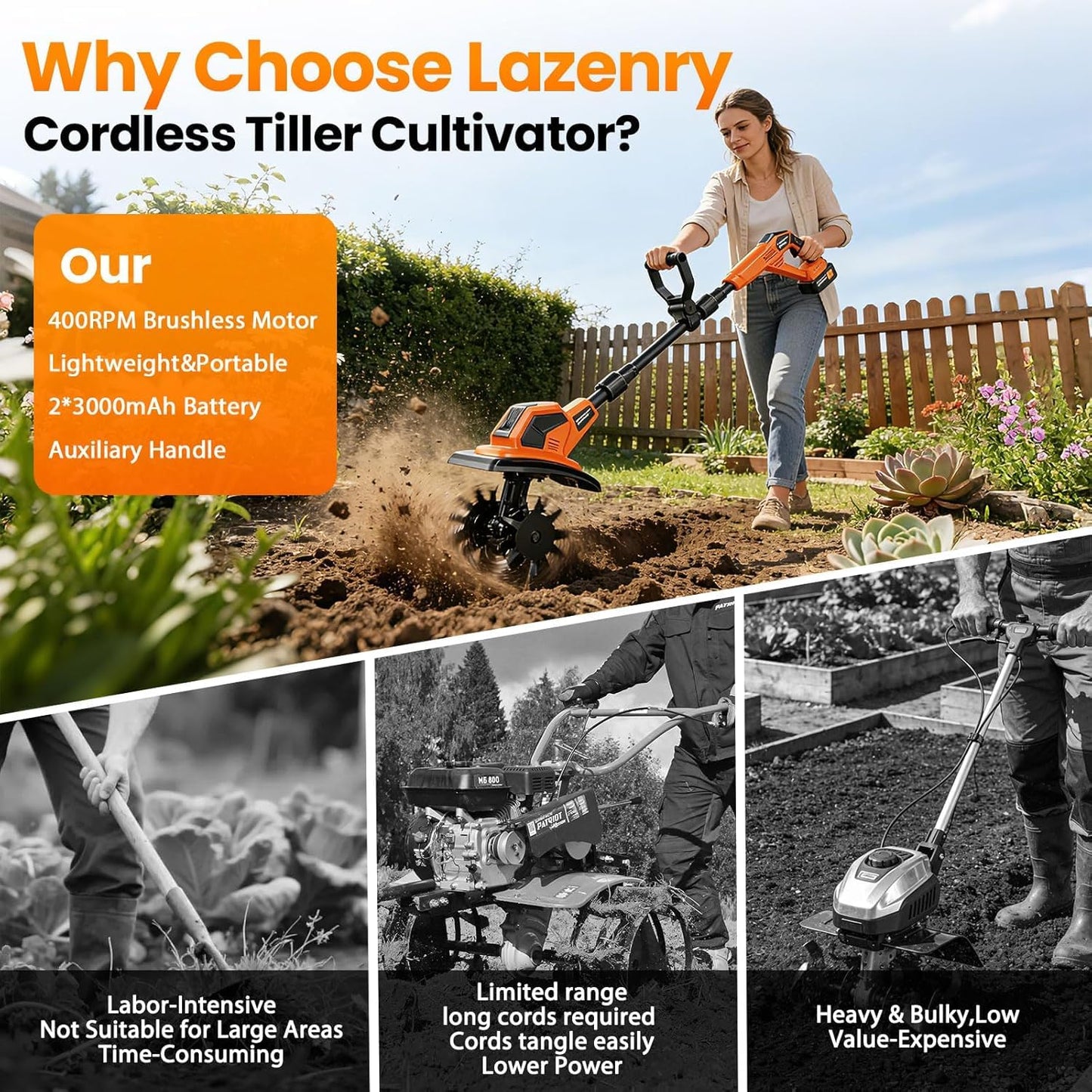 20V Cordlees Tiller Cultivator for Gardening, 400RPM Brushless Electric Garden Tiller Battery Powered((2*3.0Ah Battery&Charger), 9.5"Width 7"Depth, Garden Rototiller for Yard/Lawn/Soil Tiller (Orange)
