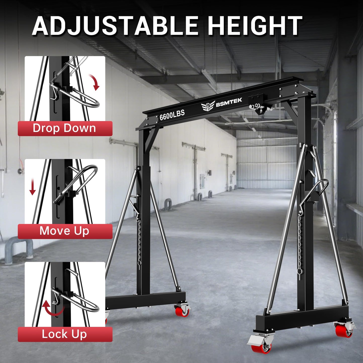 BSMTEK Gantry Crane 3 Ton MAX6600lbs, Adjustable Height (8.53-12.47 FT) & Width (9.06 FT, Available 8.53FT), Steel I-Beam Construction, Portable Shop Hoist for Factories, Warehouses