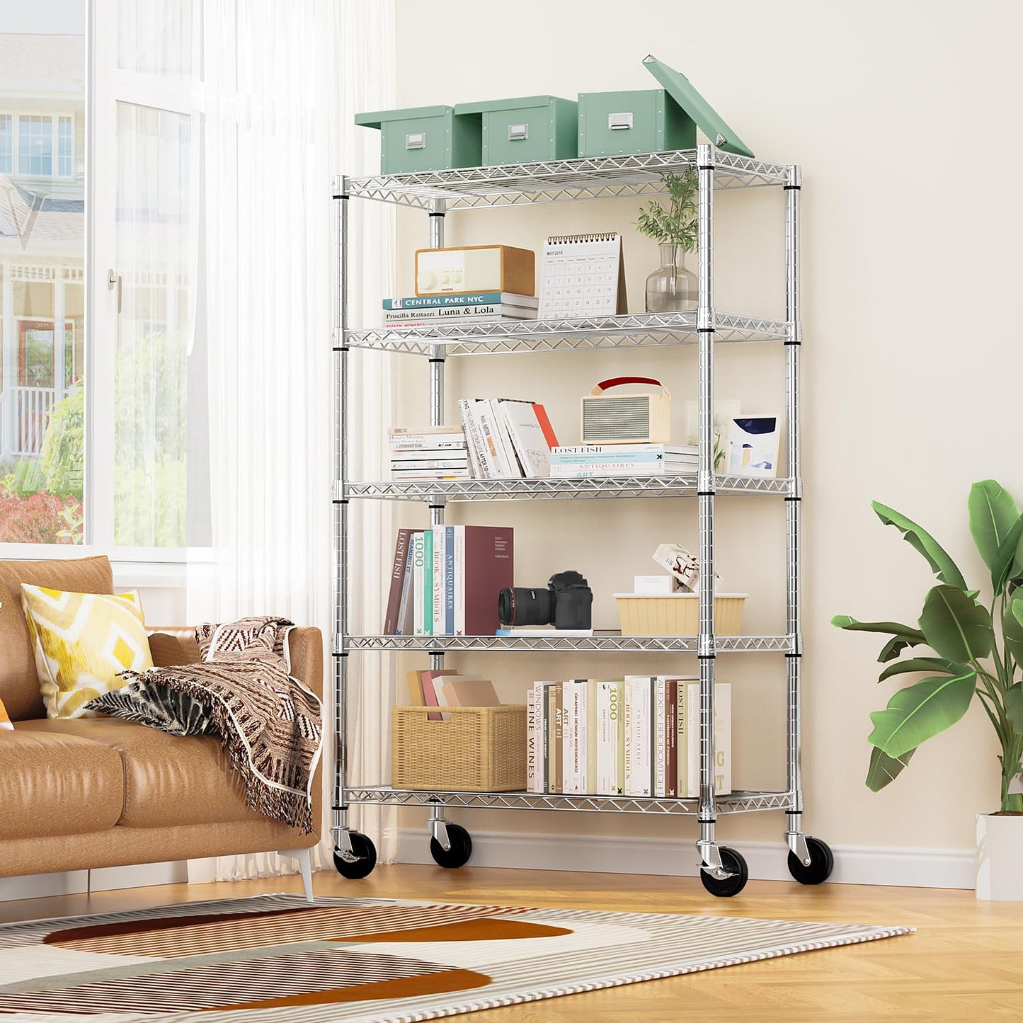 M MZG 5-Shelf Storage Shelves,Wire Shelving Heavy Duty Metal Storage Shelving Unit Adjustable Garage Shelving Rack Pantry Kitchen (Chrome, 5 Tier,17.7" D x 47.2" W x 76.7" H)