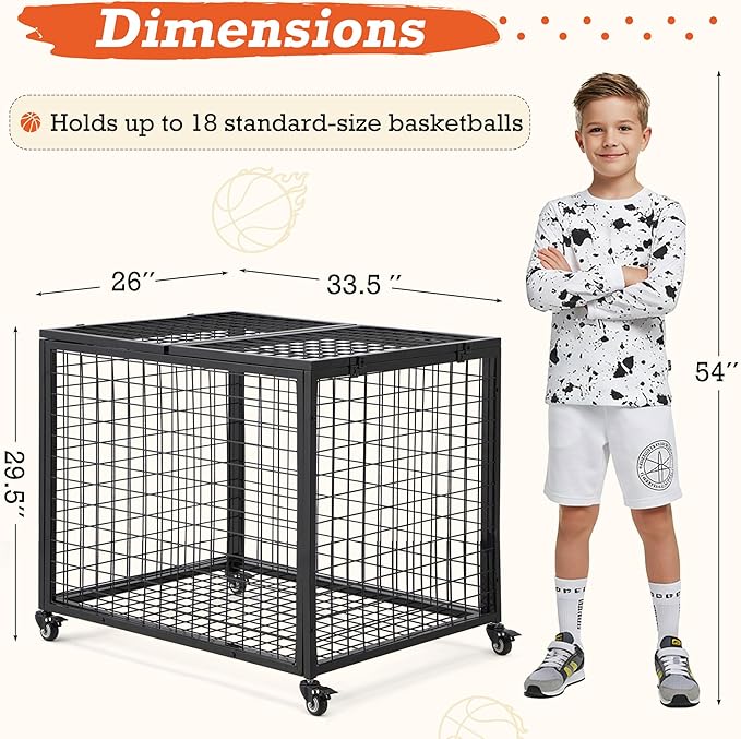 AECOJOY Ball Cart Storage, Rolling Basketball Bin with Wheels for Garage, School, Gym, Sports Equipment and Toy Organizer, Indoor & Outdoor