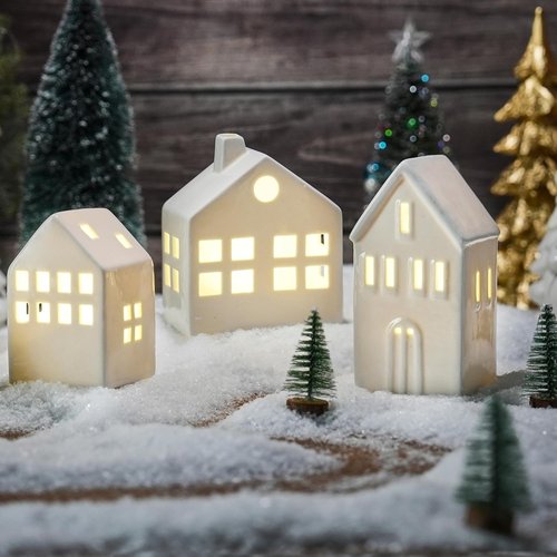 Ceramic Christmas Village Houses - 3-Piece Light-Up Set with Trees | Winter Holiday Home Decor