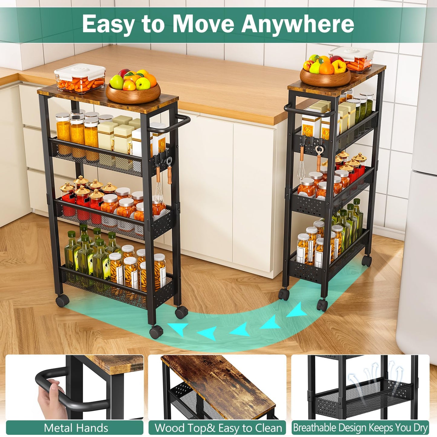 Vivihomety Utility Slim Storage Cart with Wheels, 4 Tier Small Rolling Cart with Wood Top, Metal Kitchen Bathroom Laundry Room Organization Trolley with Handle for Narrow Space – Black