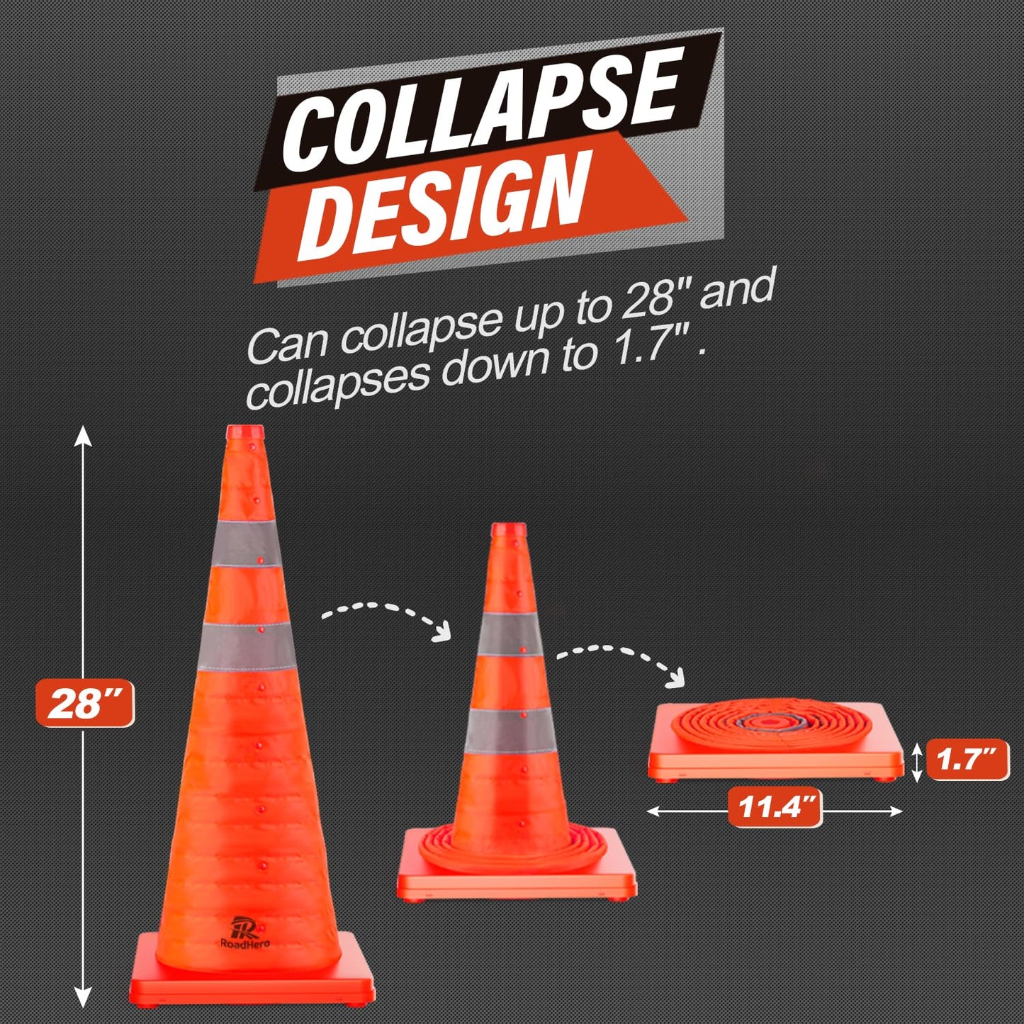 RoadHero 28 Inch 20 Pack Collapsible Traffic Safety Cones, Multi Purpose Pop-up Cones with Reflective Collar for Road Safety, Orange Cones for Driving Training, Parking Lots