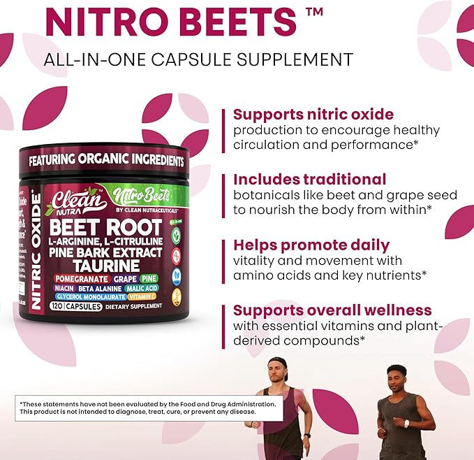Clean Nutra Organic Beet Root Capsules L Arginine L Citrulline Pine Bark Nitric Oxide Beetroot Powder Arginine Citrulline Supplement Pre Workout Supplements Extract ??120 Vegan Pills