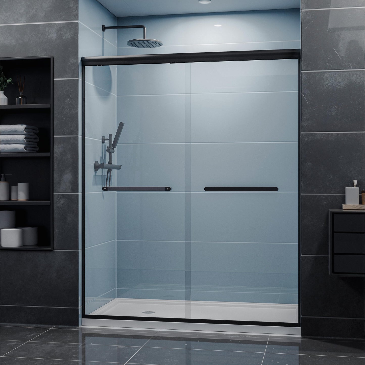 Kullavik Shower Door 56-60'' W x 72'' H Semi-Frameless Bypasss Bathroom Glass Shower Double Sliding Doors,1/4'' (6mm) Clear SGCC Tempered Glass with Explosion-Proof Film,Black
