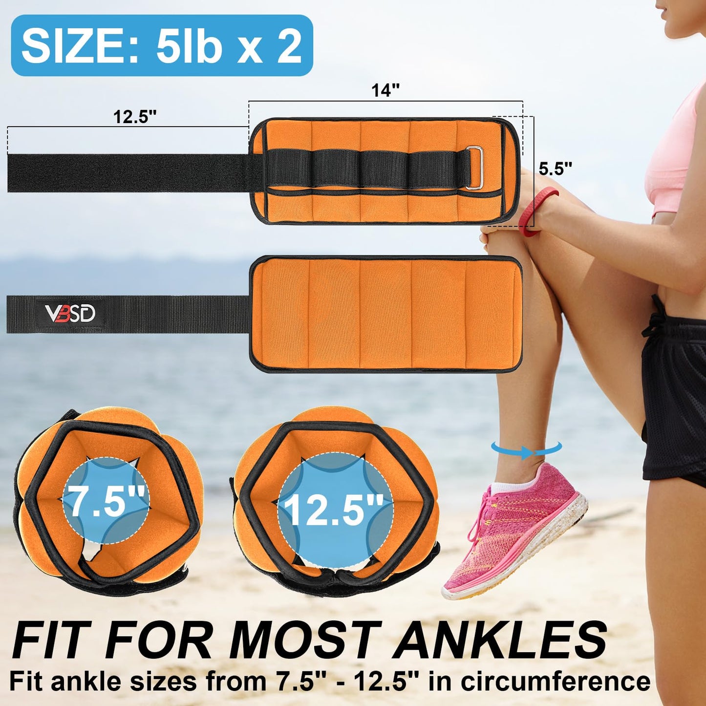 VBSD Adjustable Ankle Weights for Men Women, 10lb 1 Pair Leg Weight Straps, Weighted Ankle Weights Set for Gym, Yoga, Jogging, Walking, Aerobics, 1-5 lbs Each Ankle, 1 Pair 2-10 lbs, Orange