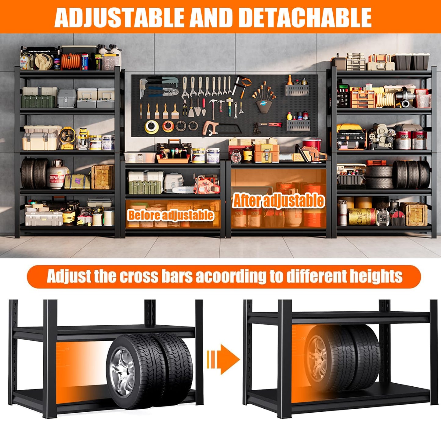 PRESTELION Garage Shelving 3000LBS Storage Shelves 5-Tier Adjustable Metal Shelving Units Garage Storage Shelves Heavy Duty for Industrial, Warehouse, Basement, Commercial, Black (78" H×45" W×16" D)