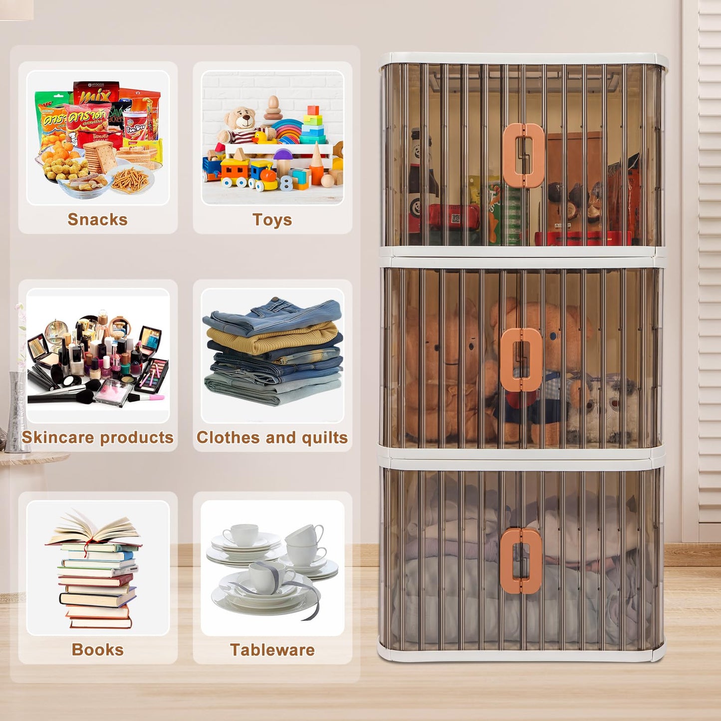 CIWEI Foldable Storage Cabinet with Wheels, 3 -Tier Stackable Storage Bins with Doors and Wheels Adjustable Shelves for Kids Free Standing Shoe Shelf Cabinet for Kitchen Bathroom