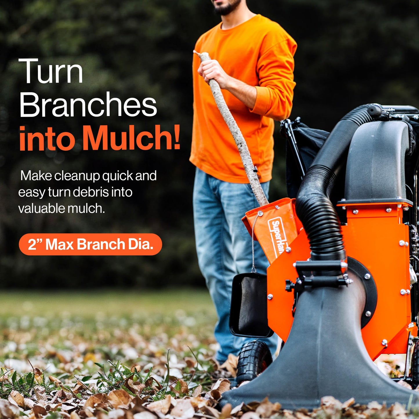 SuperHandy Leaf Vacuum & Wood Chipper - 7 HP 209CC Gas Engine, 10:1 Mulch Ratio, 6 Bushel Bag Capacity, Castor Wheels, Dual Function: Walk-Behind Leaf Vacuum Mulcher & Wood Chipper