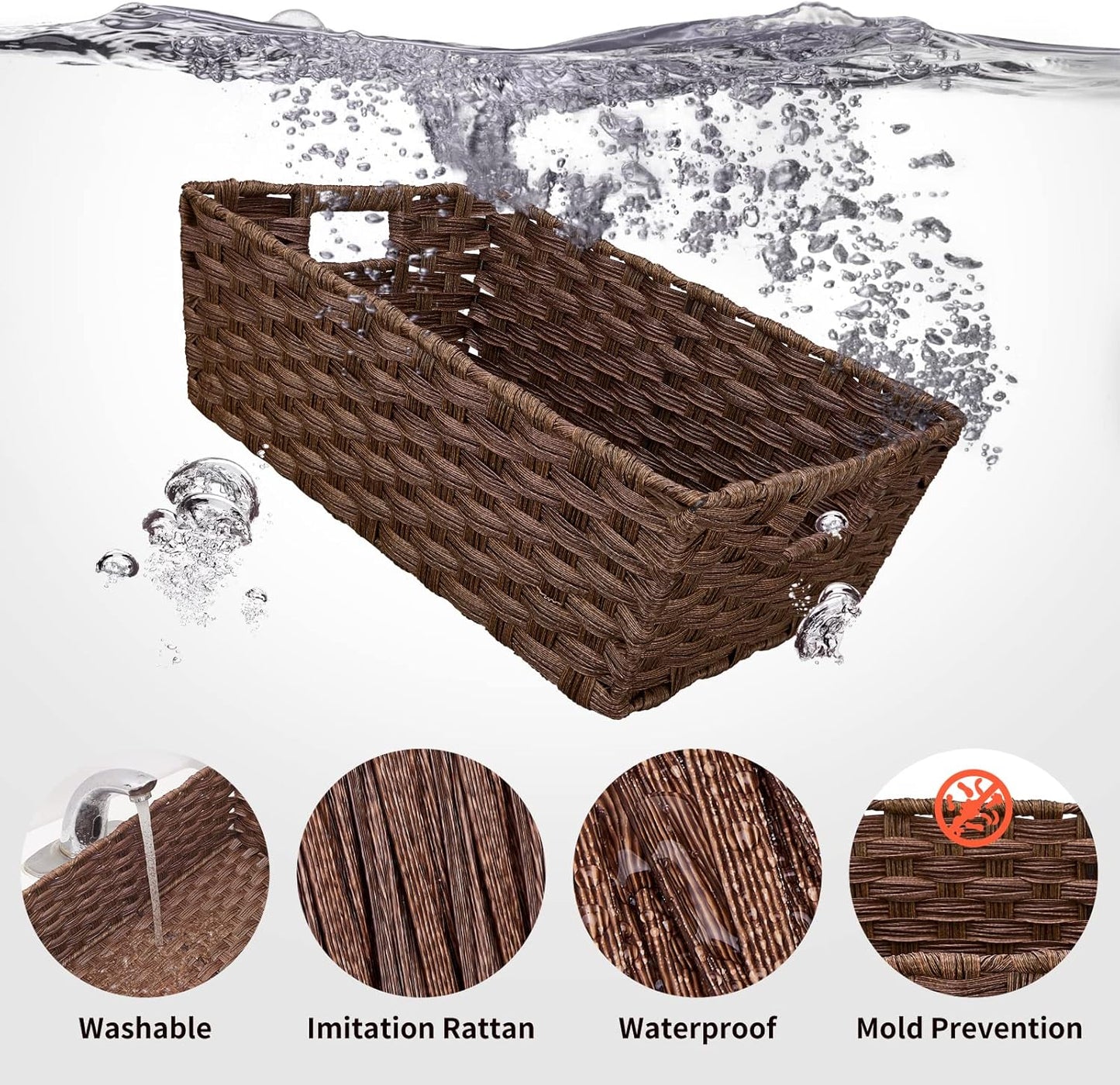 Onlytak Large Wicker Storage Basket Set - Washable & Waterproof Metal Frame | 15" x 10.3" x 5.2" - Brown
