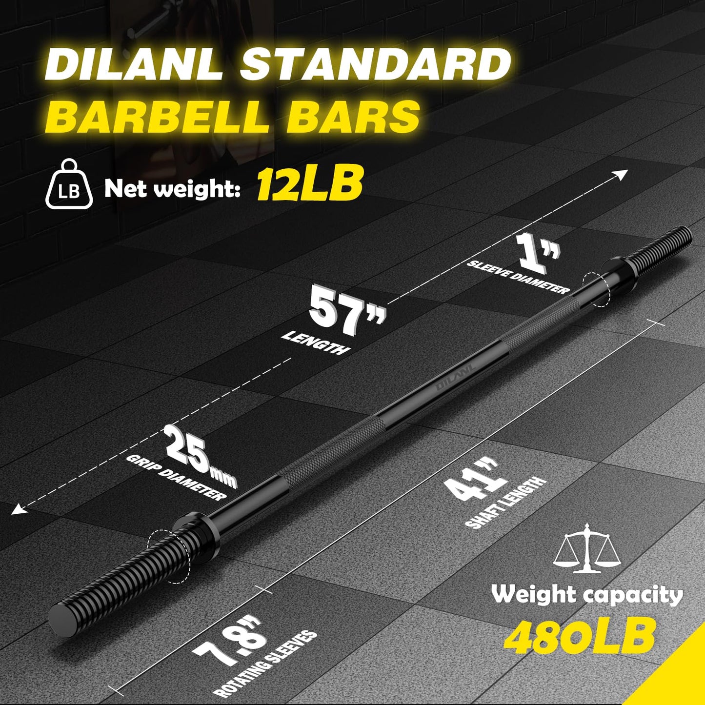 Weight Lifting Bar 57", 1" Standard Straight Barbell Bars Olympic for Home Gym Weight lifting/Strength Training/Squat/Bench Press/Deadlift/Lunges/Hip Thrusts, 2 Star Collars (480lb Weight Capacity) (Black)