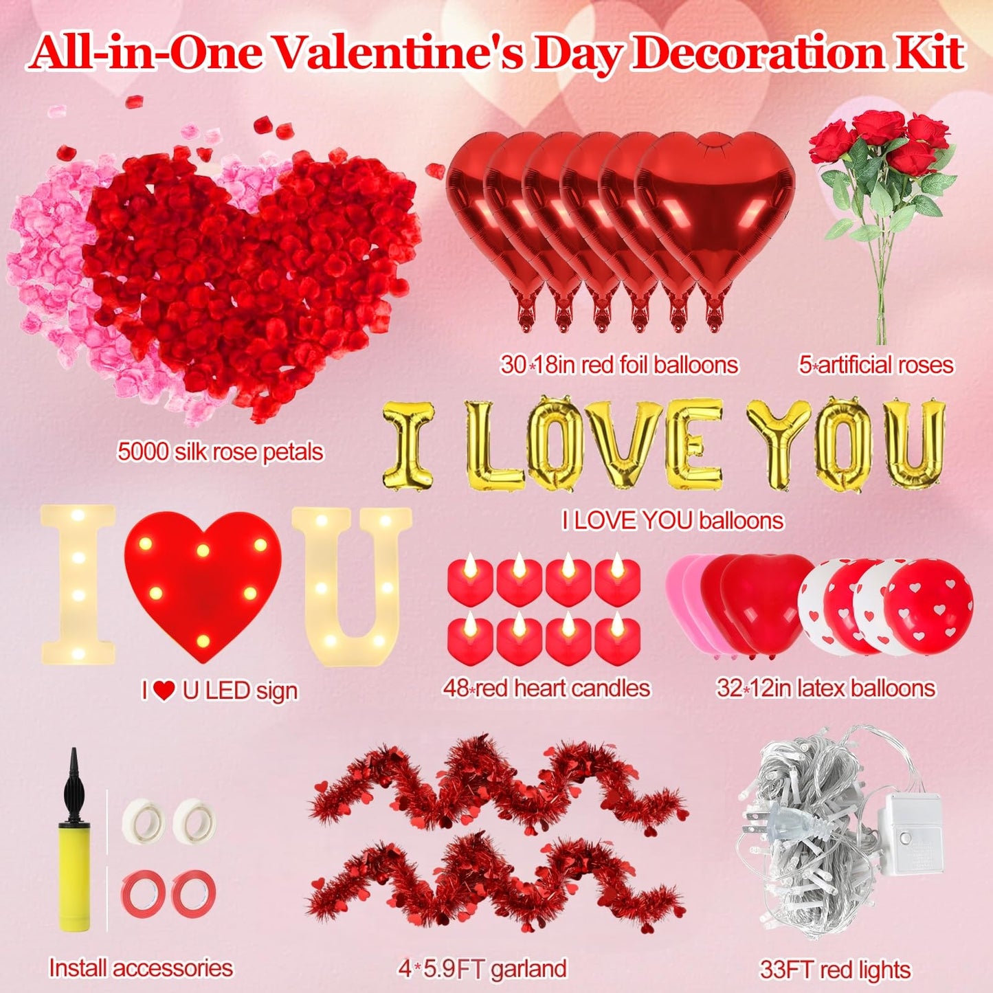 Ultimate Valentines Day Romantic Decorations Special Night for Bedroom with 33FT Lights,5000 Rose Petals and Candle Set for Hotel Room Home Decor,Valentine Anniversary I Love You Balloon&Letter Sign
