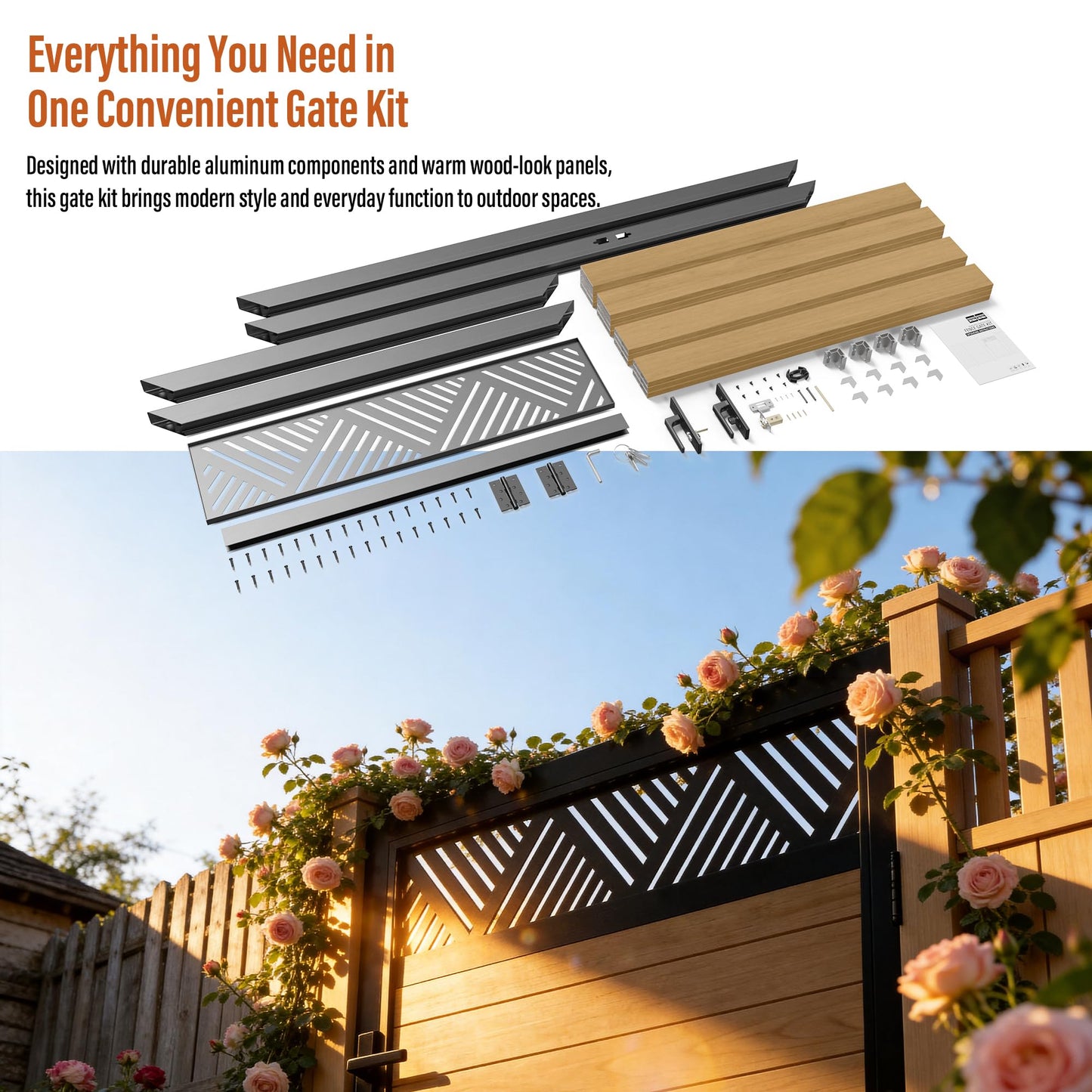 TORMIZ 4x6 FT (46.8"x70.8") All-Aluminum Fence Gate Kit with Wood-Grain Panels – Heavy Duty Anti-Sag Metal Gate Frame, Pre-Installed Left/Right Mount (All-in-One Kit, Panels Included)