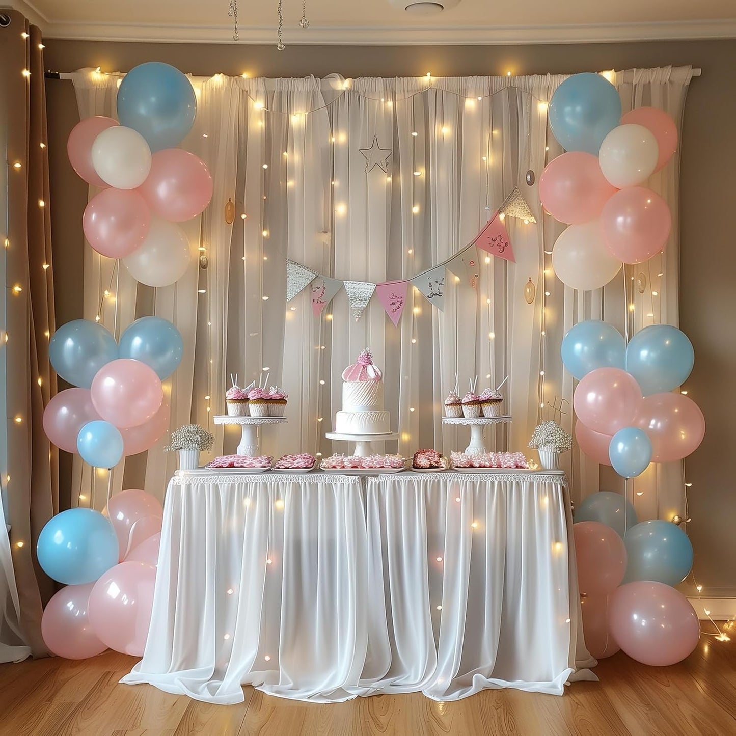 10FT 8FT (2 5x8FT) Fomcet Tulle Backdrop Curtains with Lights String White X Sheer Curtain with Lights Tulle Curtains