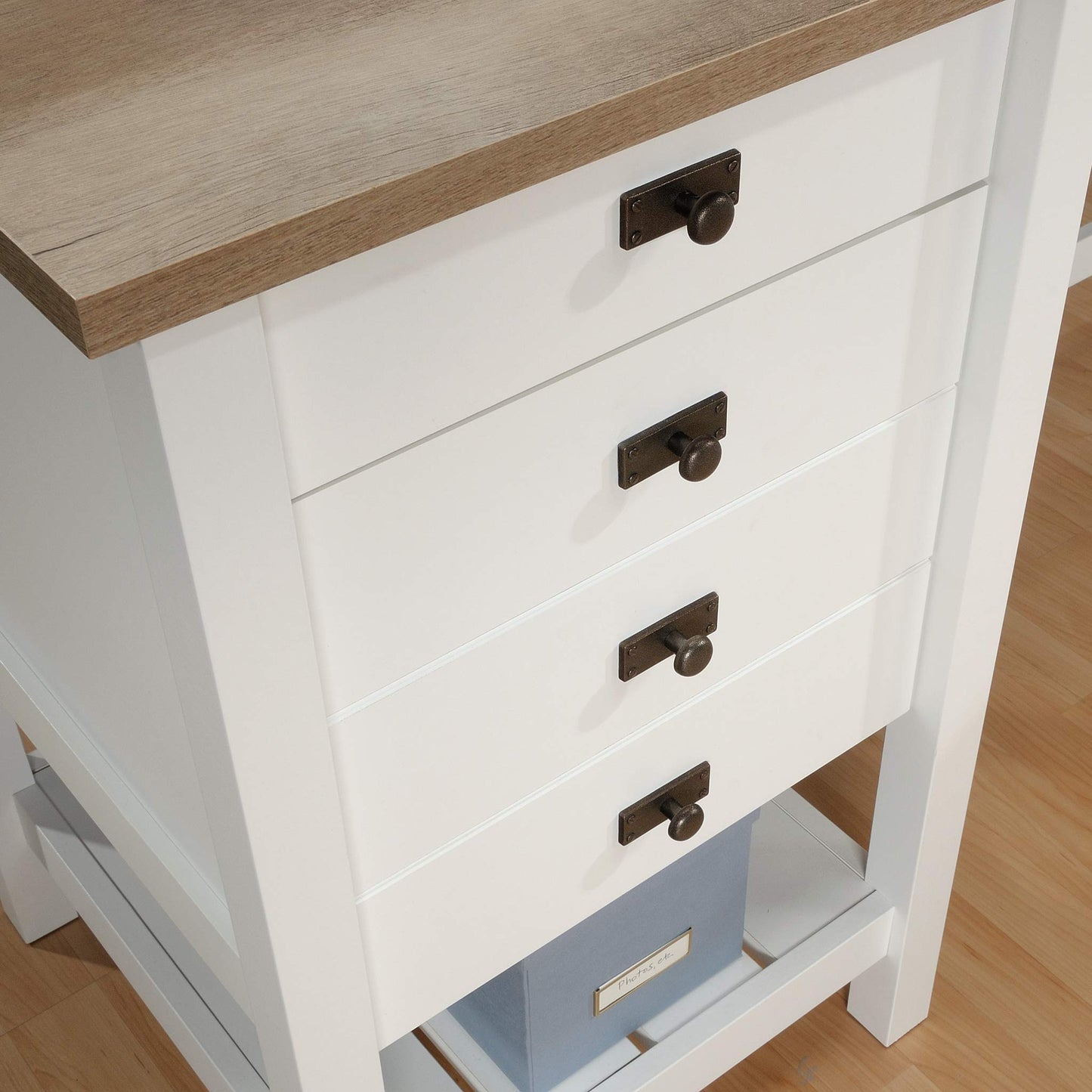 Sauder Cottage Road L Shaped Desk Computer Desk with Drawers, Home Office Desk with Optional File Cabinet Storage, Cable Management, in Soft White Finish