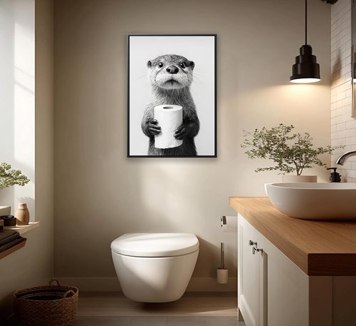 Framed Otter Wall Art - Black and White Funny Bathroom Decor | Farmhouse Toilet Paper Design