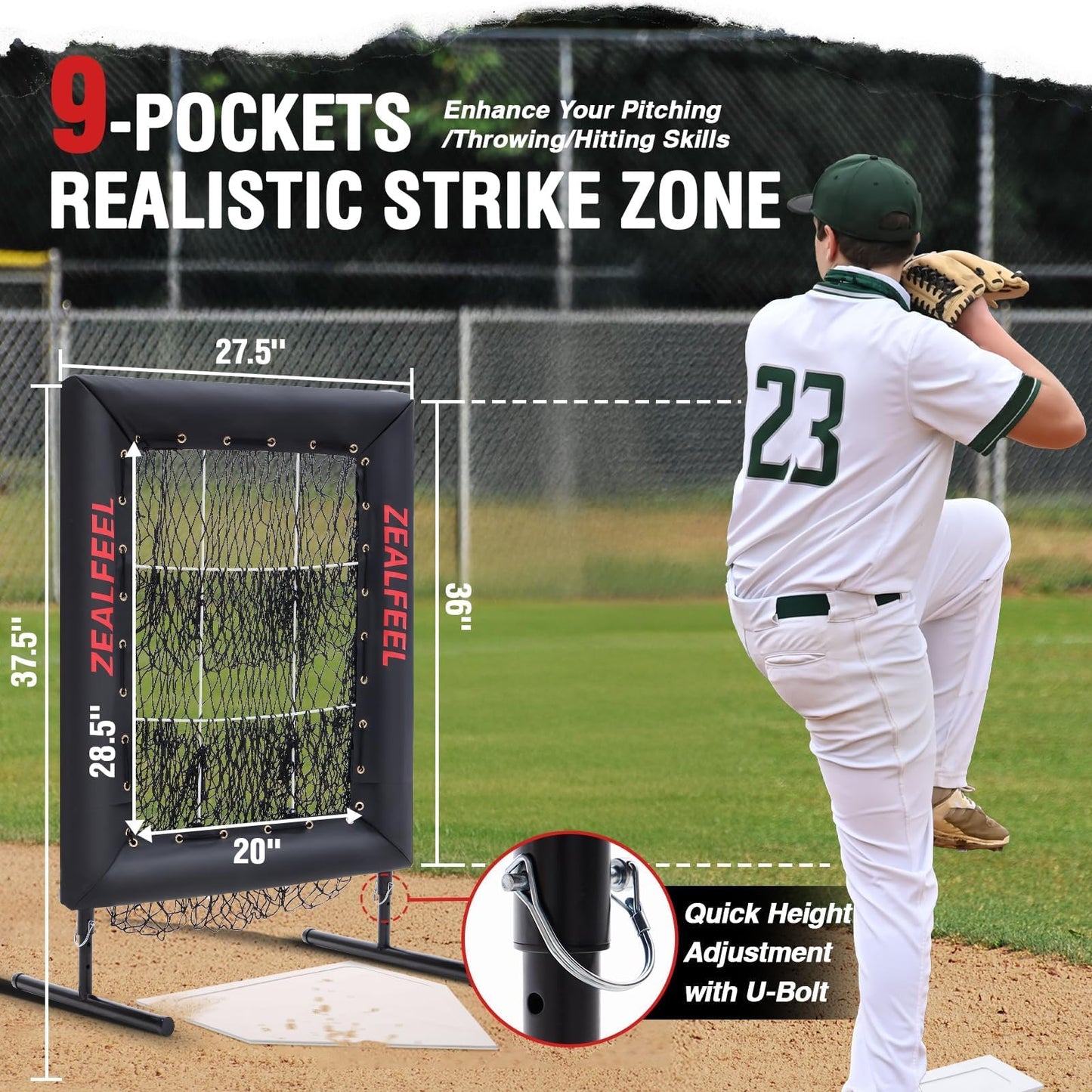 ZEALFEEL Baseball Pitching Net Pro, 9 Hole Pitching Target with Strike Zone Target, 5 Height Adjustable, Portable Easy Setup Trainer Net for Baseball & Softball with Ball, Home Plate & Pitching Rubber