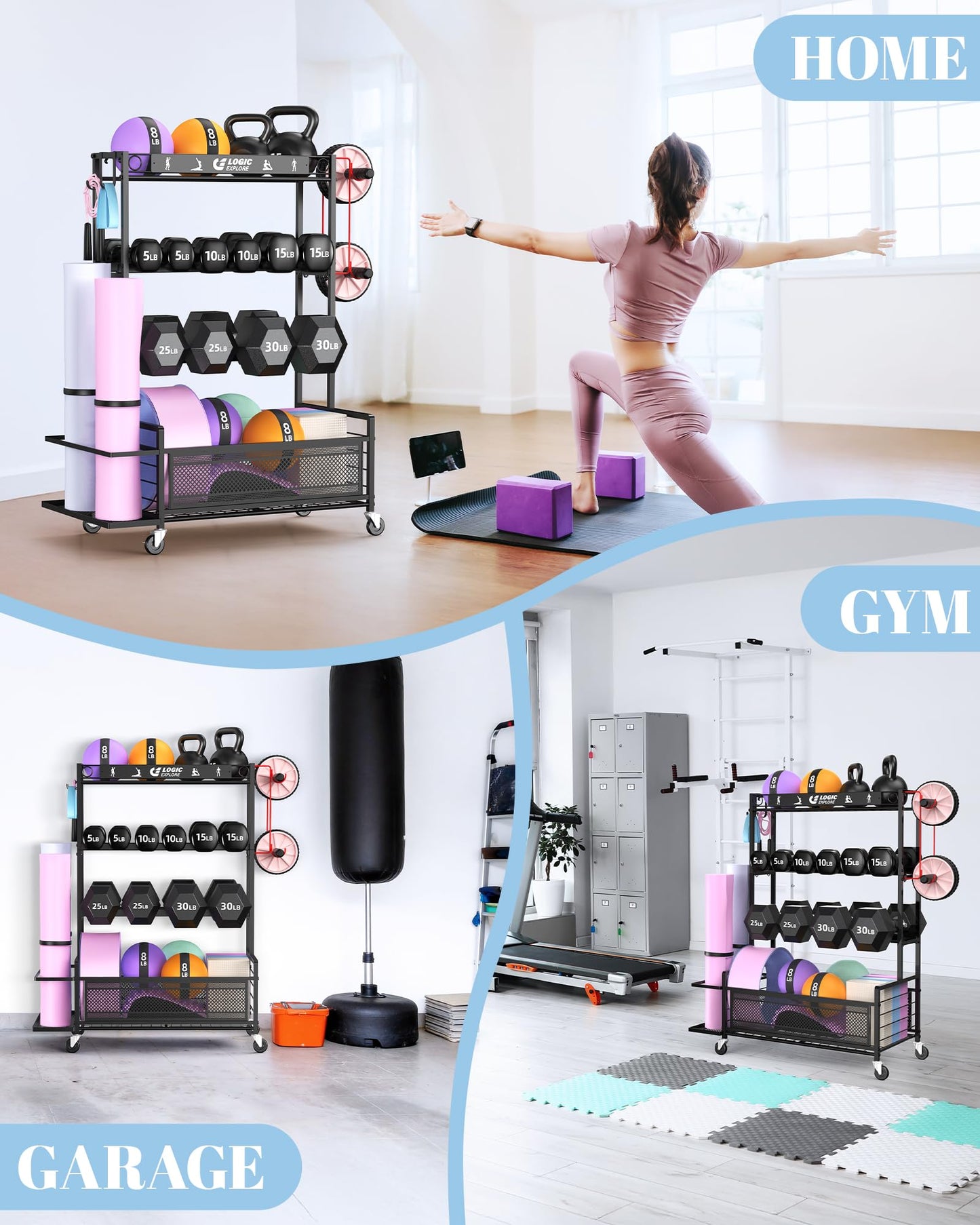 Logicexplore Dumbbell Rack Weight Storage Stand, Adjustable Weight Rack with Wheels, Metal Workout Equipment Storage Organizer, Home Gym Storage Organizer for Dumbbells, Kettlebells, Yoga Mat, Foam Roller