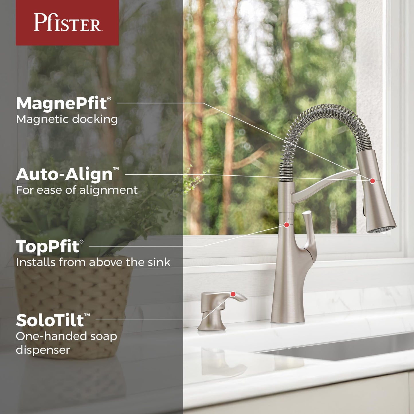 Pfister Ladera Commercial Culinary Kitchen Faucet with Pull Down Sprayer and Soap Dispenser, Single Handle, NSF Certified, Spot Defense Stainless Steel Finish, F5297LRCGS
