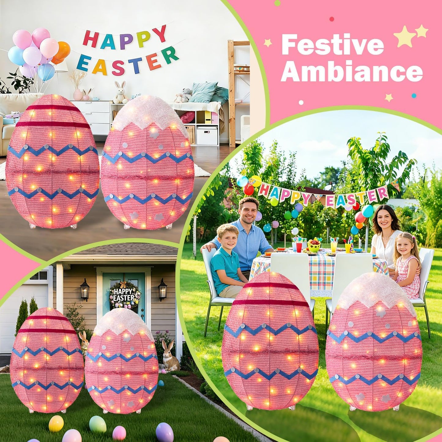 Skiennix Outdoor Easter Decorations - Set of 2 Lighted Metal Eggs, 34 Inch, Plug-In LED Lights for Lawn & Garden