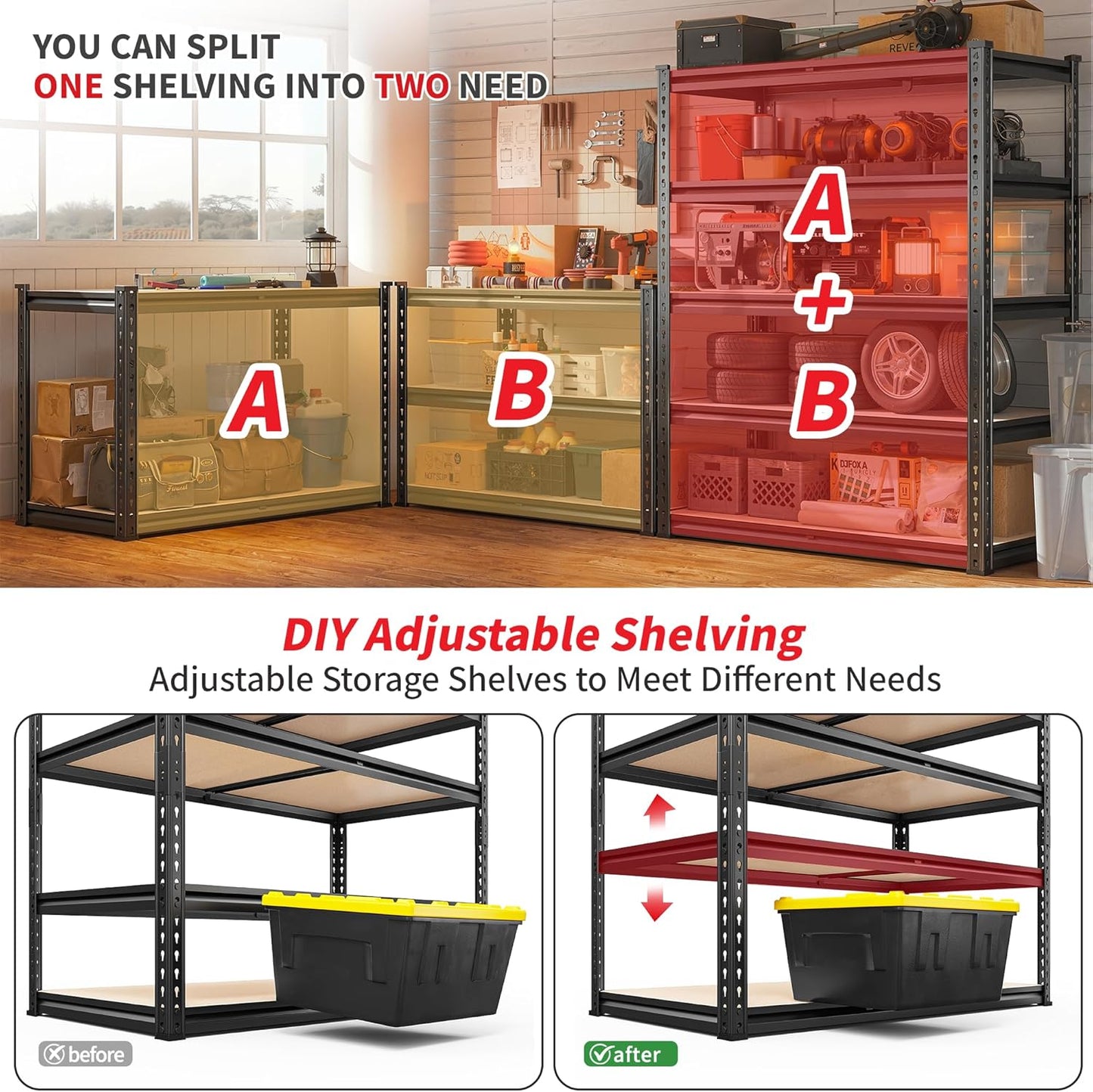 REIBII Heavy-Duty 5-Tier Storage Shelves - Adjustable Metal Shelving Unit for Garage, Basement, Pantry | 72" H x 35.55" W x 16" D, Black