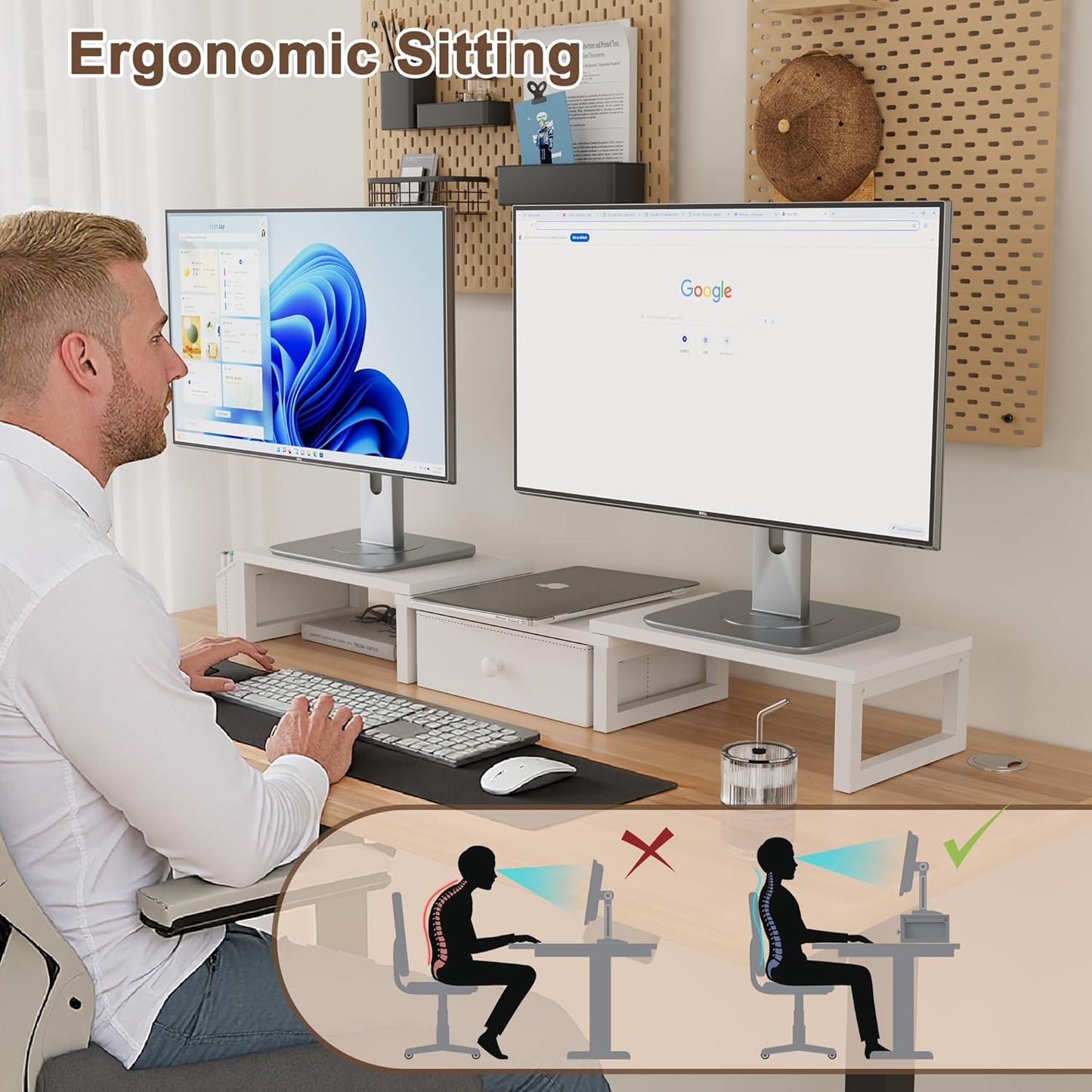 2 27 Inches, LANDVOI Heavy Duty Dual Monitor Stand, Holds Screens Up to Adjustable Length and Angle Monitor Riser, Desk