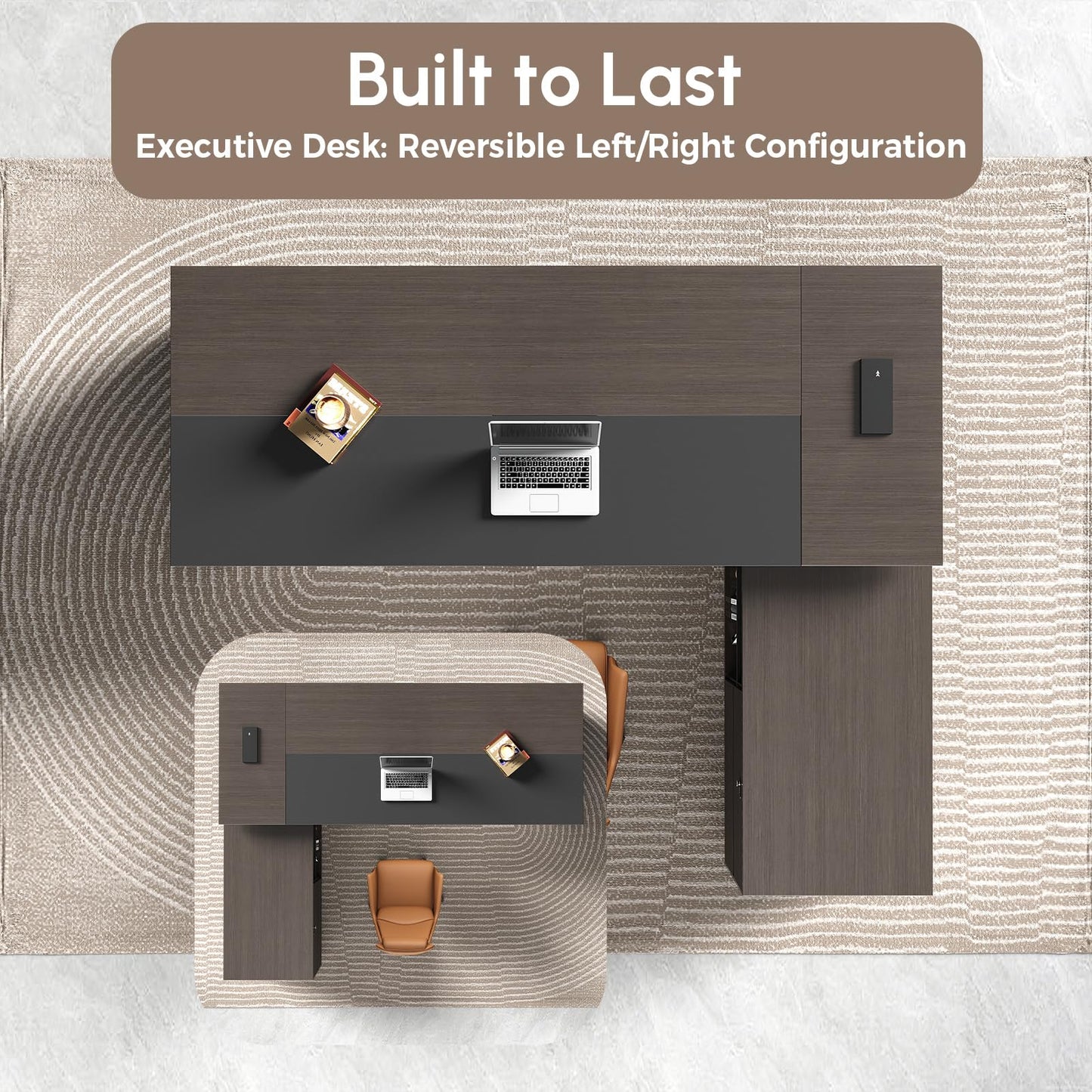 Nuipesn 79-Inch Reversible L-Shaped Executive Desk with Drawers, Open Shelves, Power Outlet & USB Ports, Ventilated CPU Compartment, Large Home Office Desk, Obsidian Grey & Walnut, 79"L x 65"W x 30"H