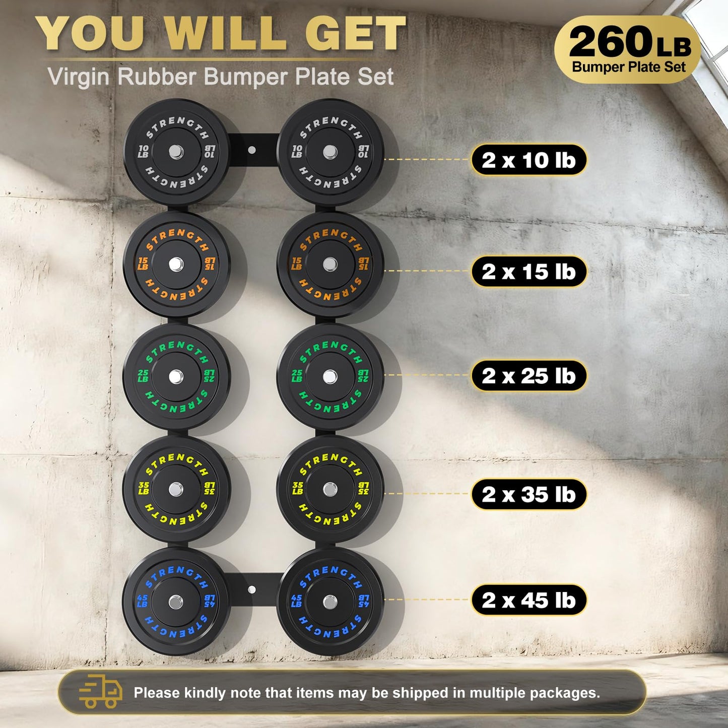 Rendpas 2-Inch Olympic Bumper Plates, 100% Virgin Rubber Low Bounce Barbell Weight for Home Gym Strength Training, 10lb-45lb Black with Color-Coded