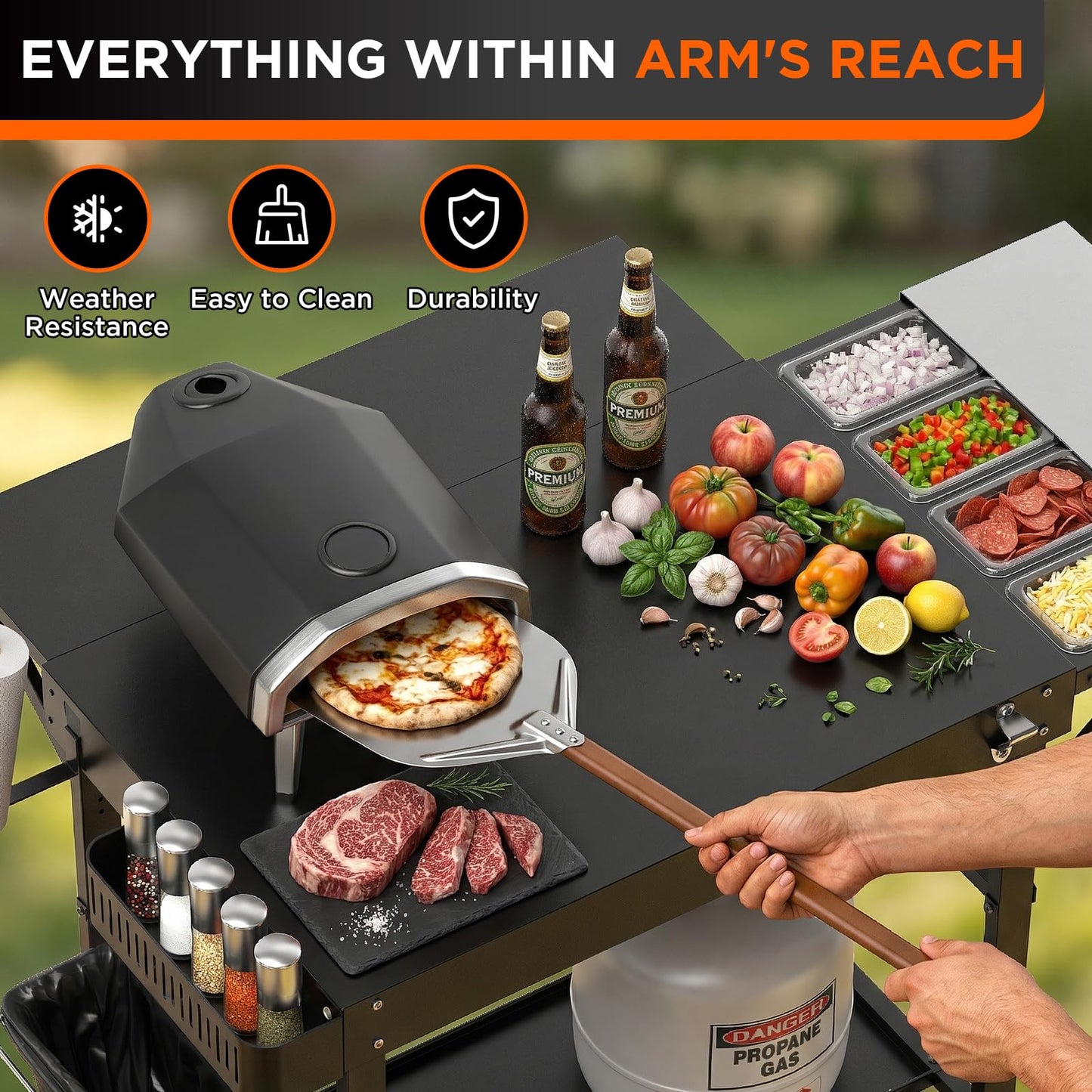 EUTRKei Pizza Oven Table with Topping Station - 45" x 29" Outdoor Grill Cart for Ooni, Ninja, Gozney, Solo Stove, Heavy Duty 450lbs Capacity, Grill Table with Extendable Desk for Tailgating Backyard