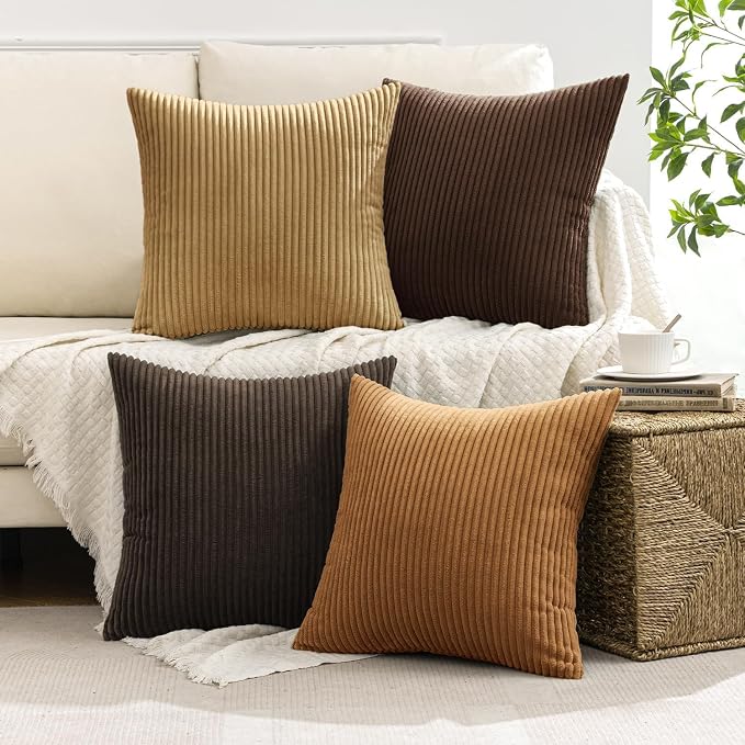 MIULEE Boho Farmhouse Throw Pillow Covers 18x18 Inch Set of 4 Rustic Mordern Neutral Cushion Covers Soft Corduroy Nordic Home Decor for Couch Bed Sofa Living Room Camel Brown