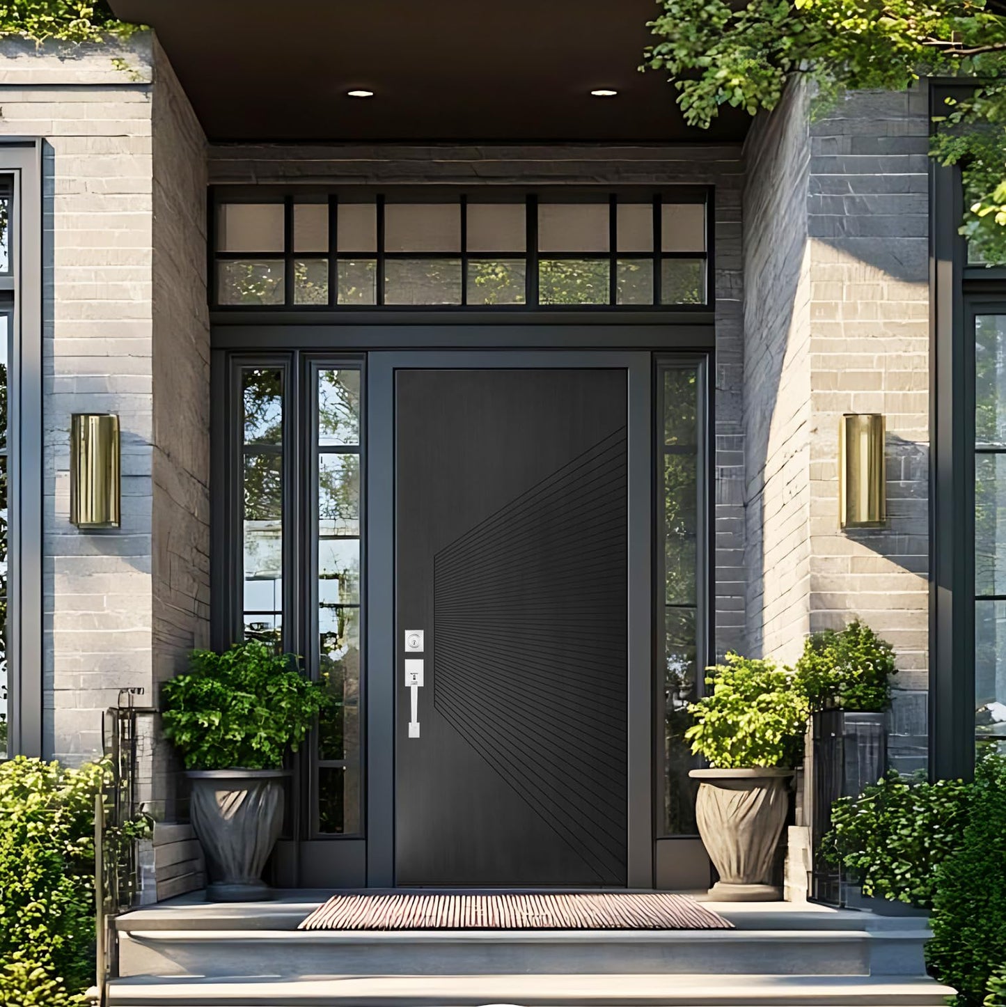 Exterior Fiberglass Door 36x80in Onyx Black, Metallic Look with Radiating Groove Design Front Entry Door Right-Hand Inswing, Textured Surface Knock-Down Door with Brickmould, Vinyl Frame