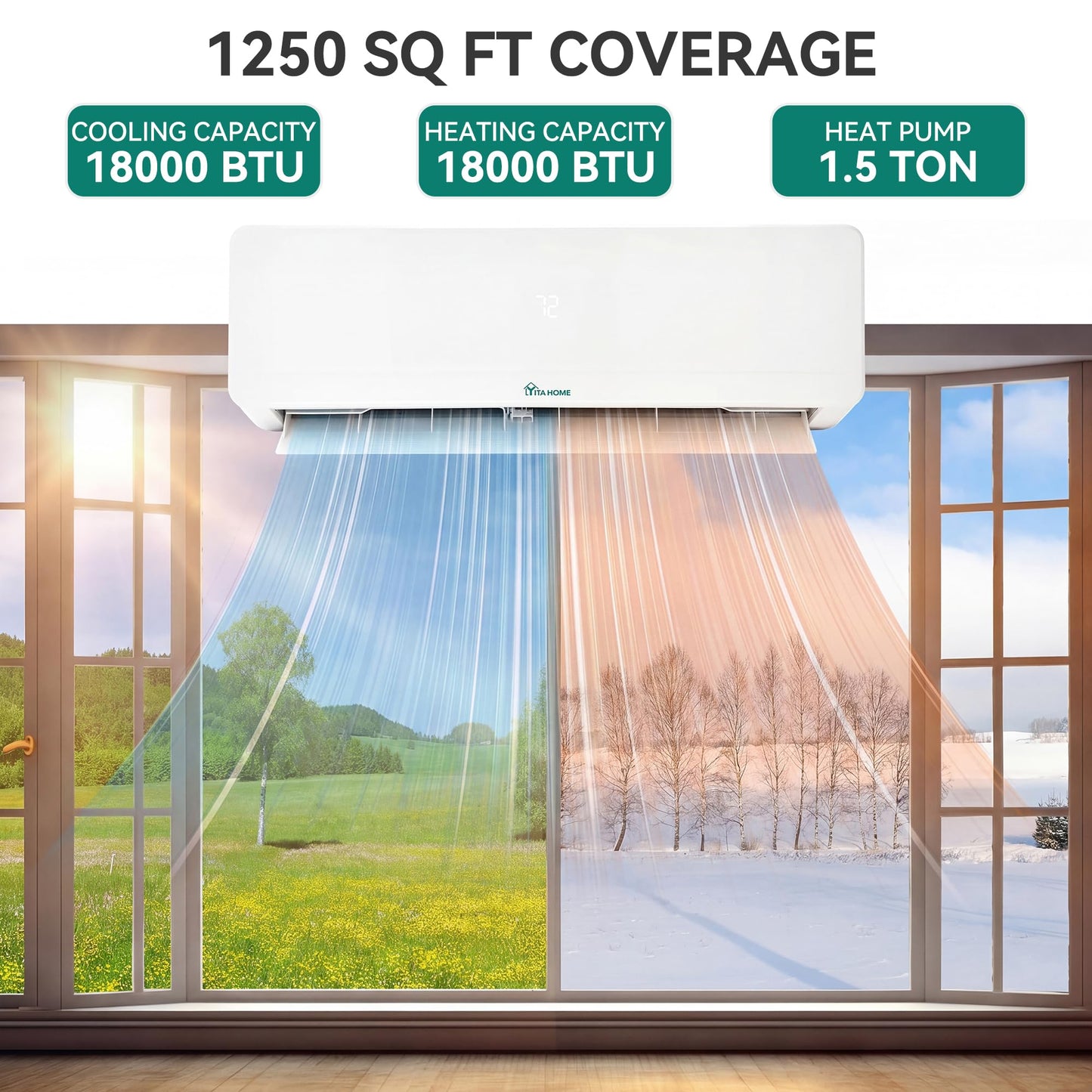 YITAHOME 18000 BTU Mini Split AC/Heating System, Ductless Mini Split Air Conditioner Heat Pump,230V 20 SEER2 Energy Efficient Inverter AC Unit,Wifi Enabled Compatible with Alexa for Apartment, Garage