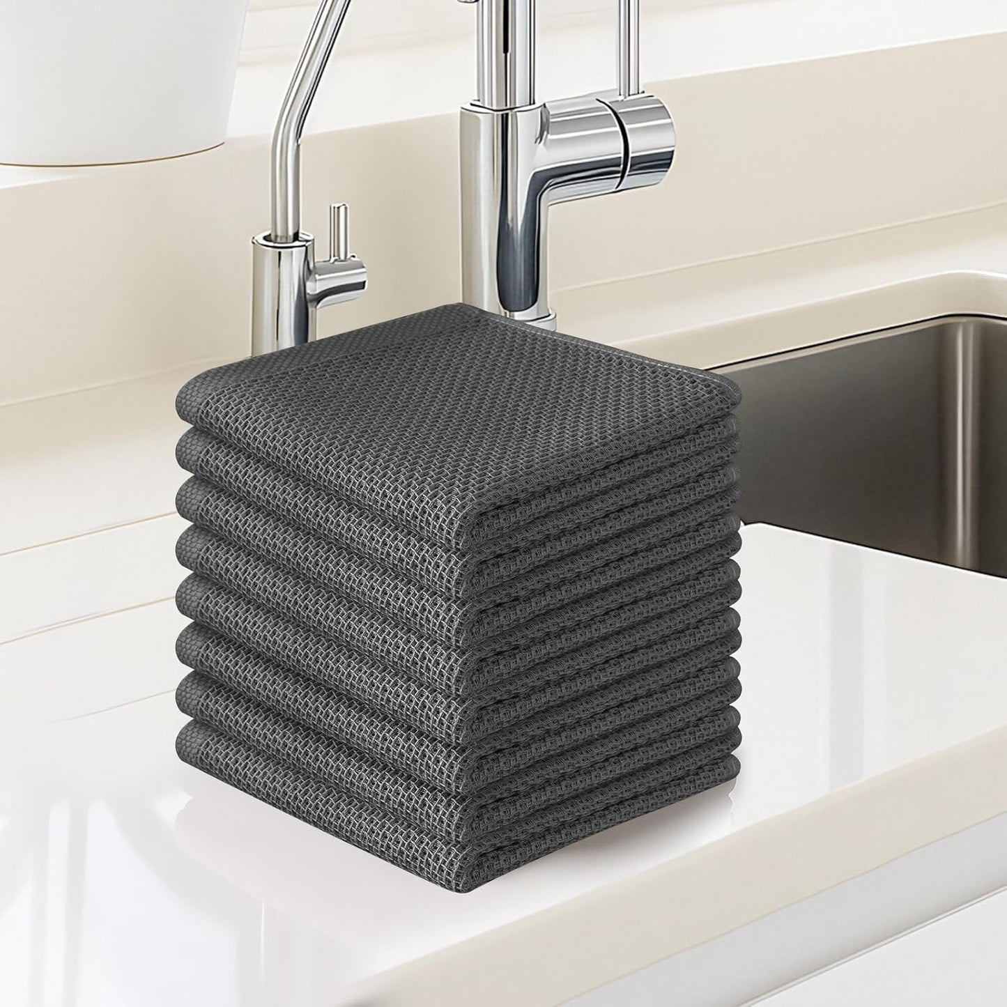 Skiennix 100% Cotton Waffle Weave Kitchen Towels - Ultra Soft & Absorbent, 8 Pack, Dark Grey, 12x12 Inches