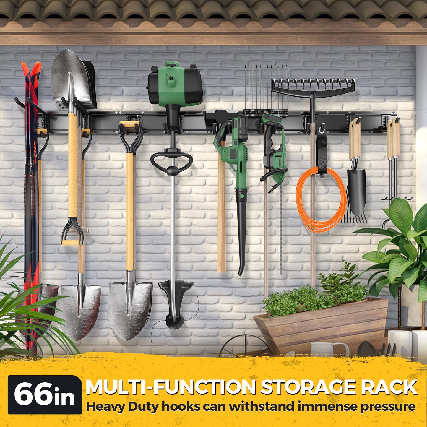 LBT 66" Garage Tool Organizer Wall Mount - 720lbs Garden Tool Organizer with Adjustable Hooks, Heavy Duty Metal Garage Storage Rack, Anti-Rust Shed Rack Holder Hanging Rake Broom Mower Snowboard