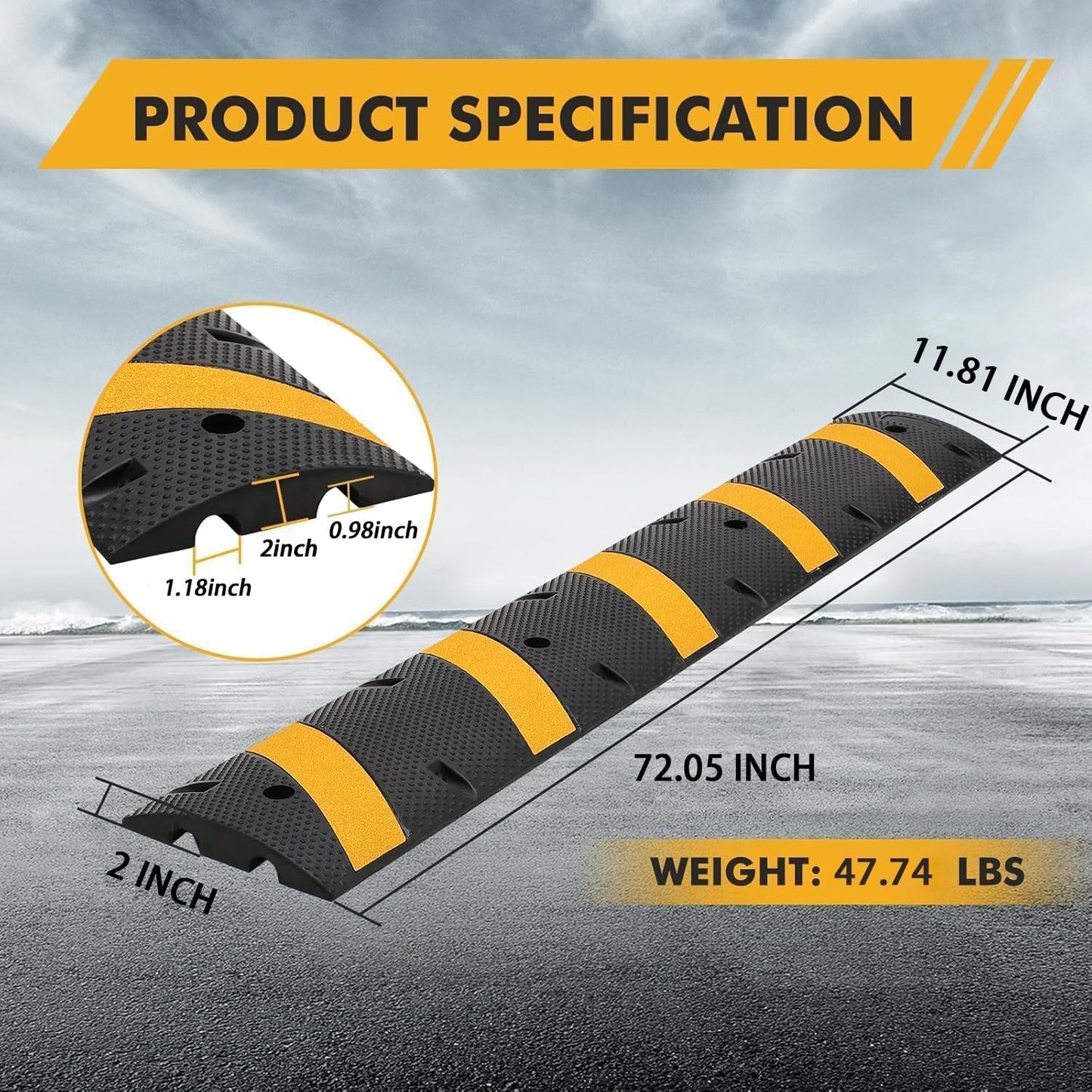 2-Pack 6FT Heavy Duty Speed Bumps – 25,000Lb Capacity Recycled Rubber Traffic Calming Humps for Parking Lots, Driveways & Garages – Weatherproof with Cable Protection Channels