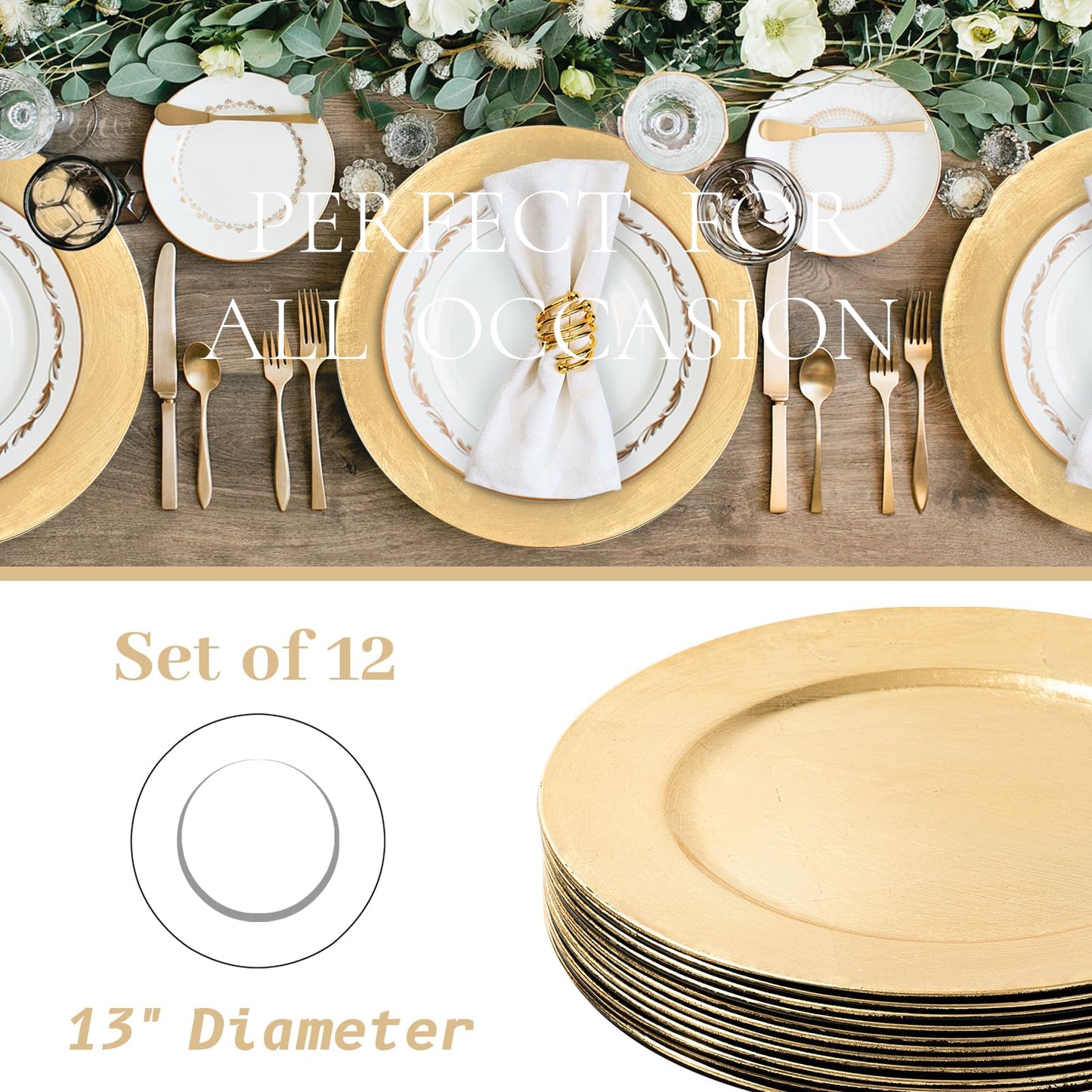 MAONAME Foil Gold Charger Plates Set of 12, 13" Plate Chargers for Dinner Plate, Plastic Round Chargers for Table Setting, Wedding Bulk