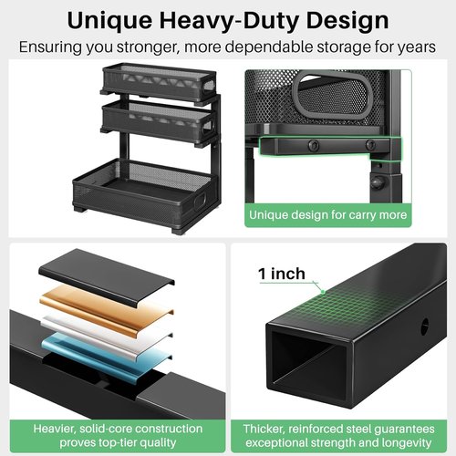 Kitstorack Under Sink Organizer - 3-Tier Height Adjustable Metal Pull-Out Shelf | 2-Pack for Bathroom & Kitchen Storage