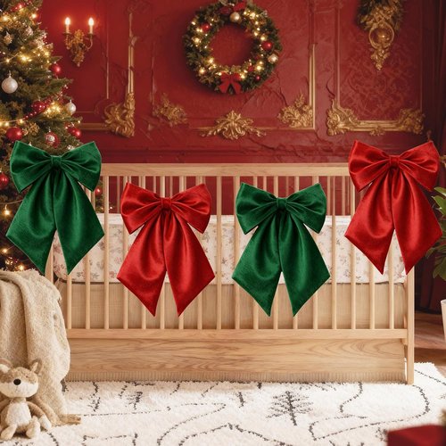 **Giant Red & Green Satin Christmas Bows - 23 x 11 Inch Decorative Bows for Wreaths & Gifts (4 Pack)**