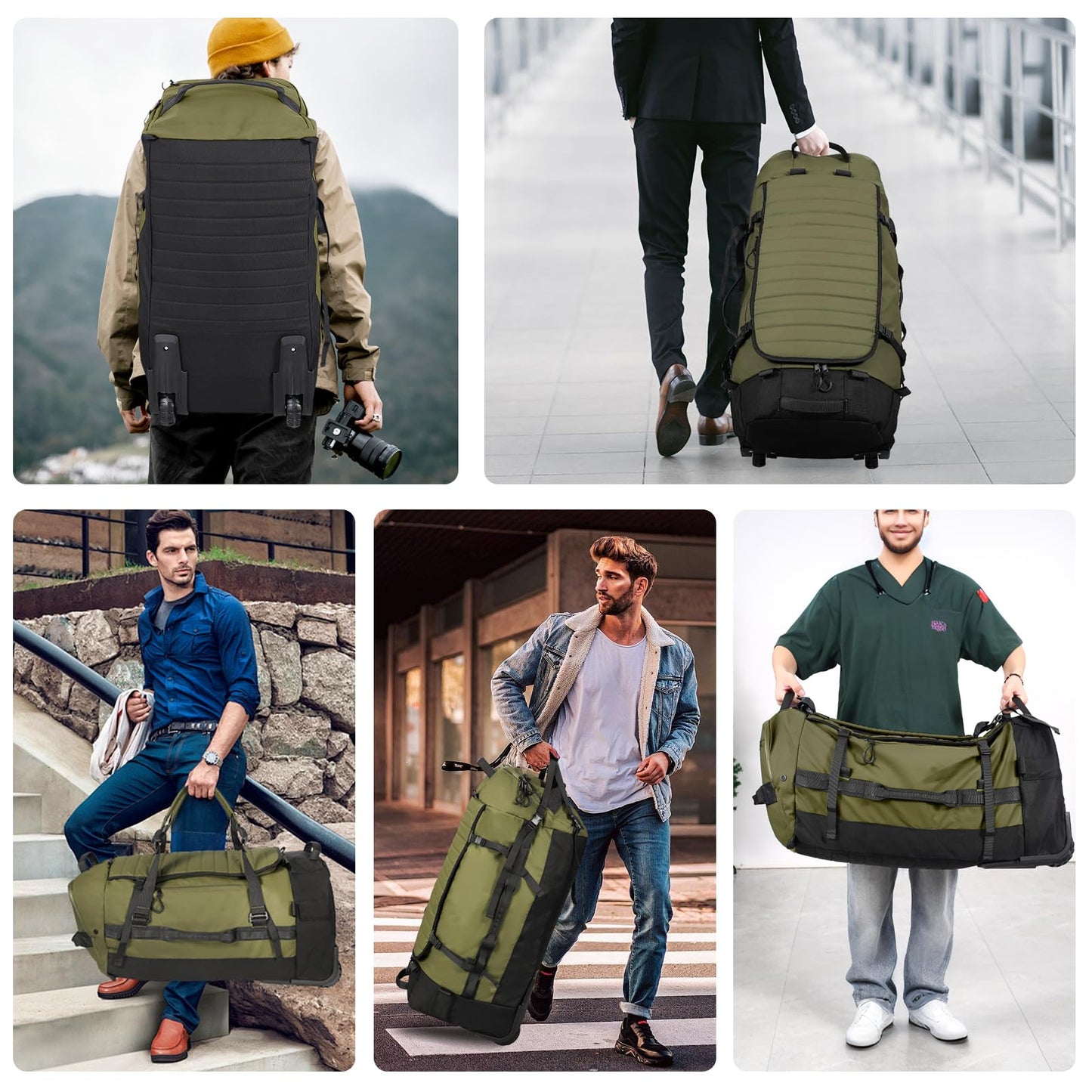 Vrtisa 85L 29“ Foldable Rolling Backpack with Wheels, Soft-side Travel Duffle Bag with Separate Shoe Compartment, Full Quilted Bottom,Army Green