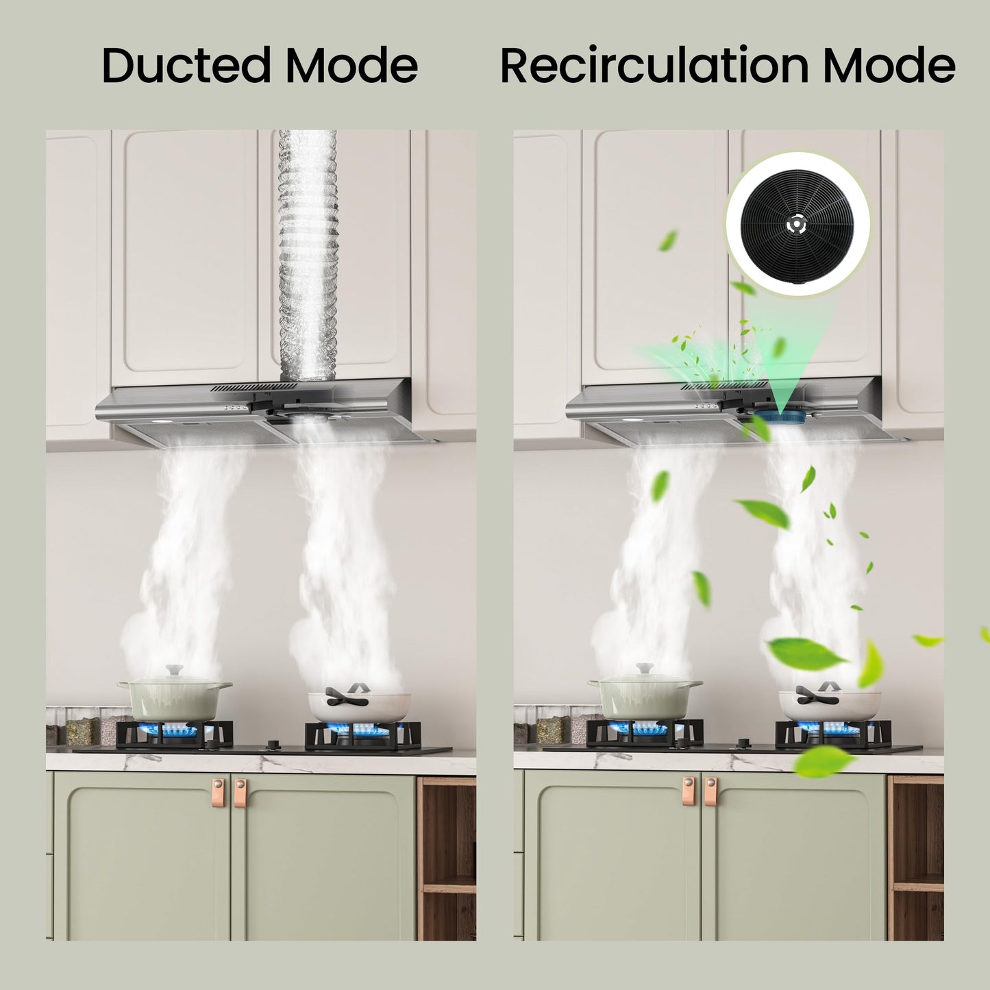 FIREGAS 30 Inch Under Cabinet Range Hood, 300 CFM Ducted/Ductless Kitchen Vent Hood Over Stove, 3-Speed Exhaust Fan with LED Light, Reusable Filter & Charcoal Filter, Stainless Steel
