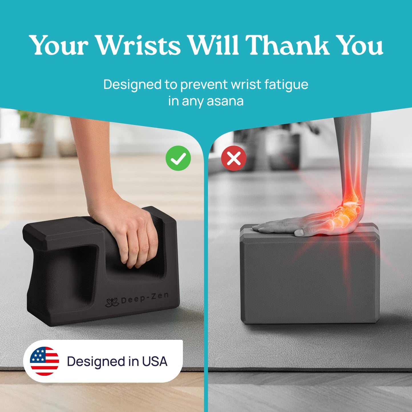 Deep-Zen PRO Yoga Blocks | Ergonomic Yoga Block 2 Pack for Wrist Comfort and Support | EVA Foam Exercise Blocks, 2x Knee Pads & Yoga Strap | Pilates Block Set | Bricks to Eliminate Wrist Pain, Black