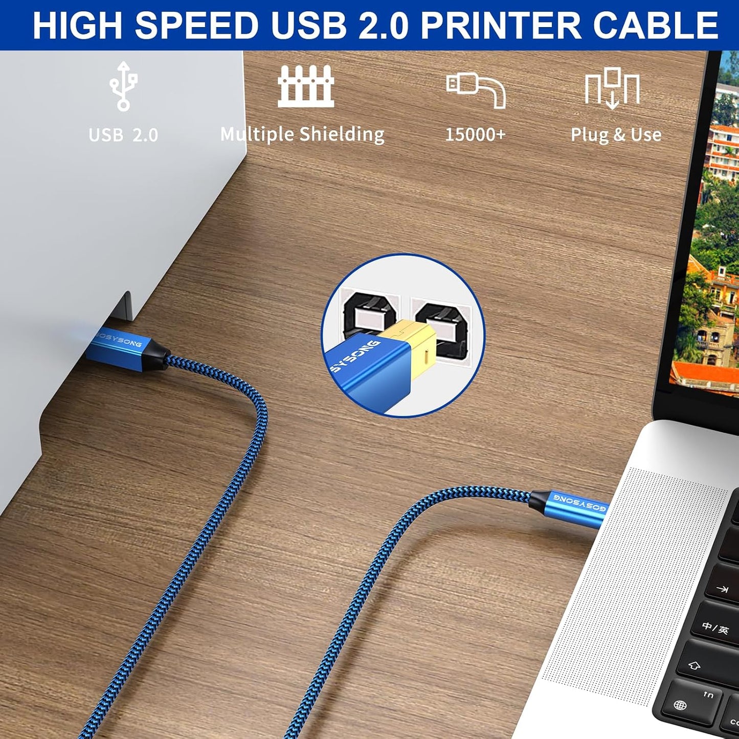 15ft USB C to B Printer Cable - High Speed Compatible with Printer, Scanner, Fax, Midi Keyboard, Audio Recording