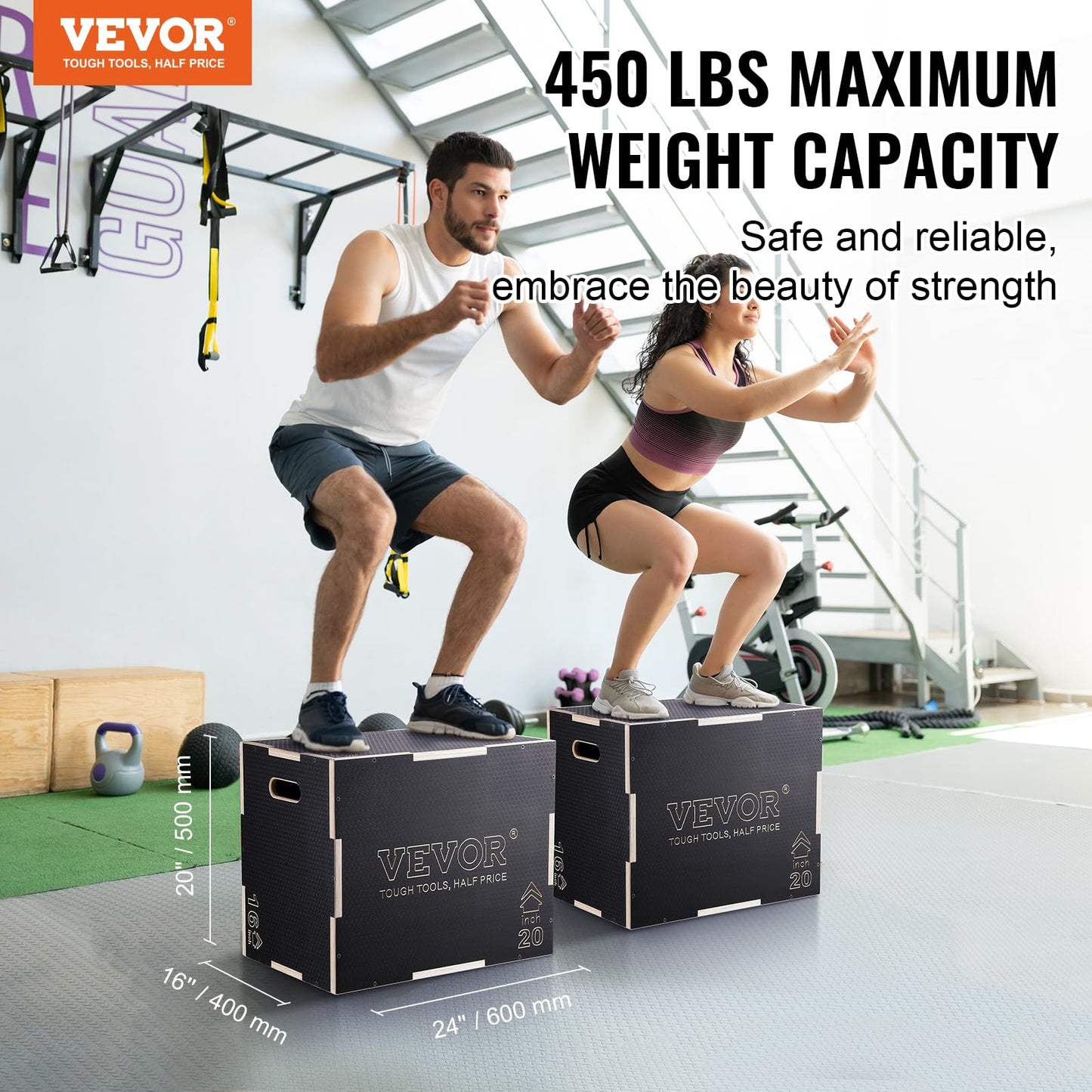 VEVOR 3 in 1 Plyometric Jump Box, Easy-to-Assemble Wood Plyo Box for Jumping Trainers, Home Gym Training and Conditioning, 24" x 20" x 16"