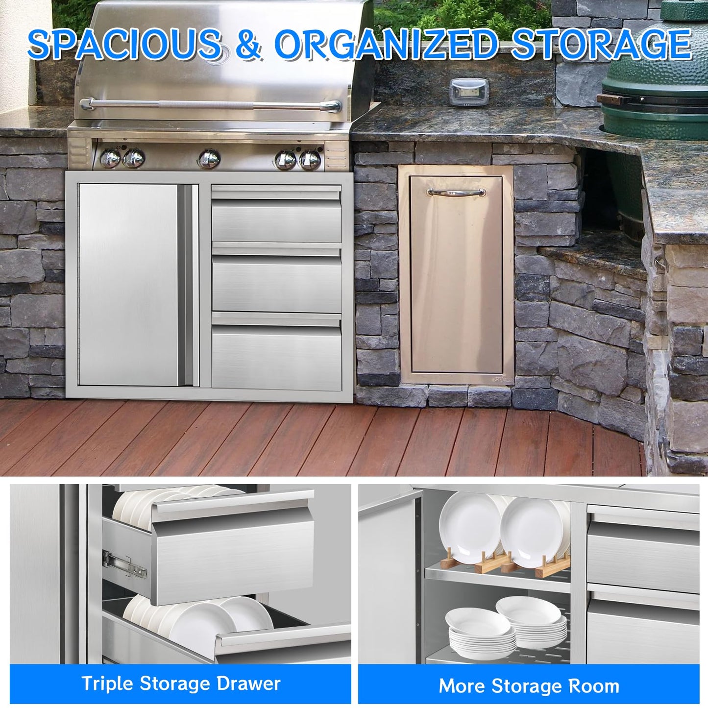 Duluciate Outdoor Kitchen Drawer Combo Cabinet, Stainless Steel Triple Drawers with Integrated Access Door, 28" W x 22" H x 19.5" D Outdoor Built-in Cabinet for BBQ Island Grill Stations