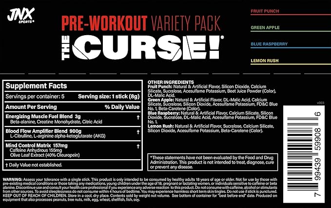 JNX SPORTS The Curse! Pre Workout Powder for Men & Women, Caffeine, Beta-Alanine, Creatine, L-Citrulline, Sample Variety Pack, 5X 8g Samples ??Boost Energy, Strength & Focus