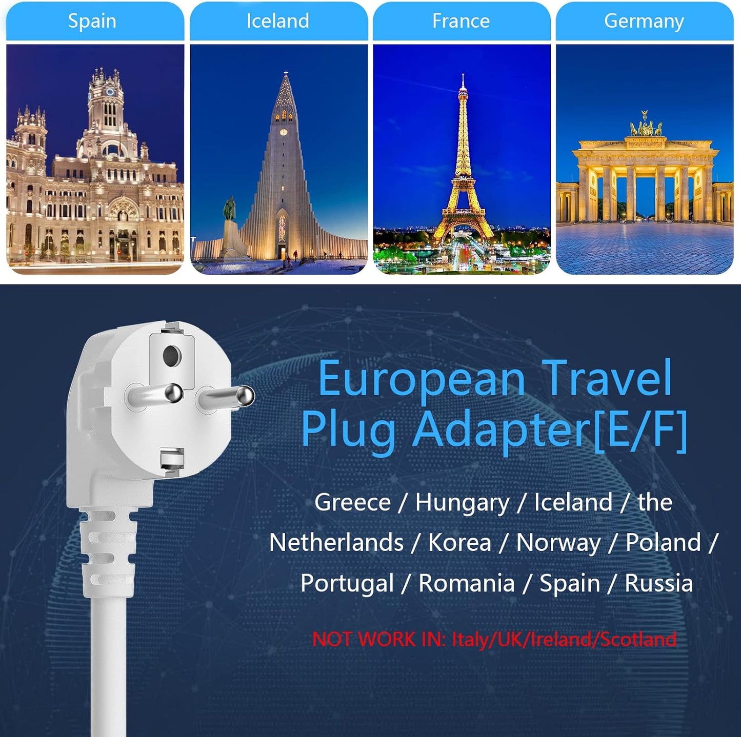 BESTEK 20W 3 3 5ft European Travel Plug Adapter, Power Strip with USB C PD and USB Ports, Side Wide Outlet Extender, EU